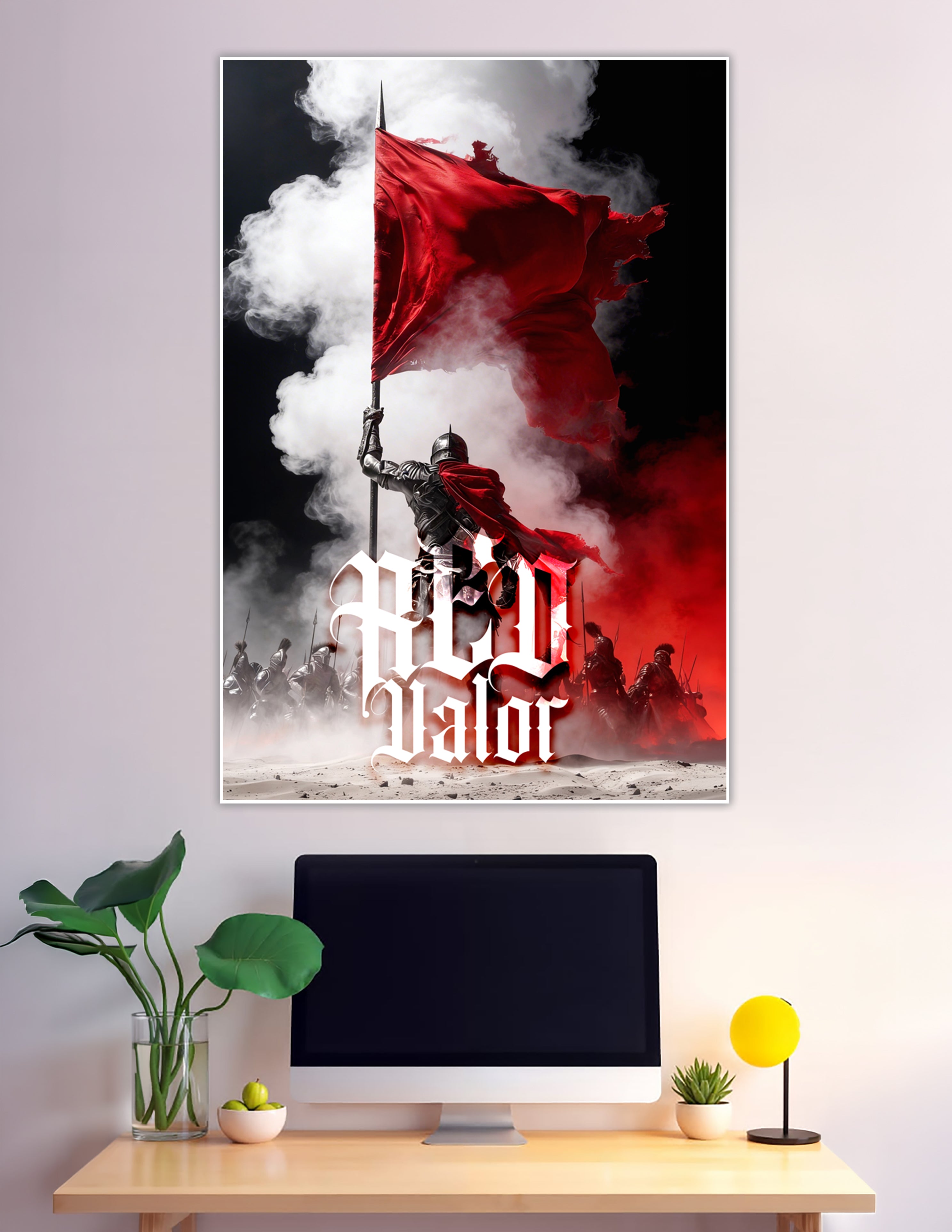 Armored medieval knight raising red battle flag in smoke