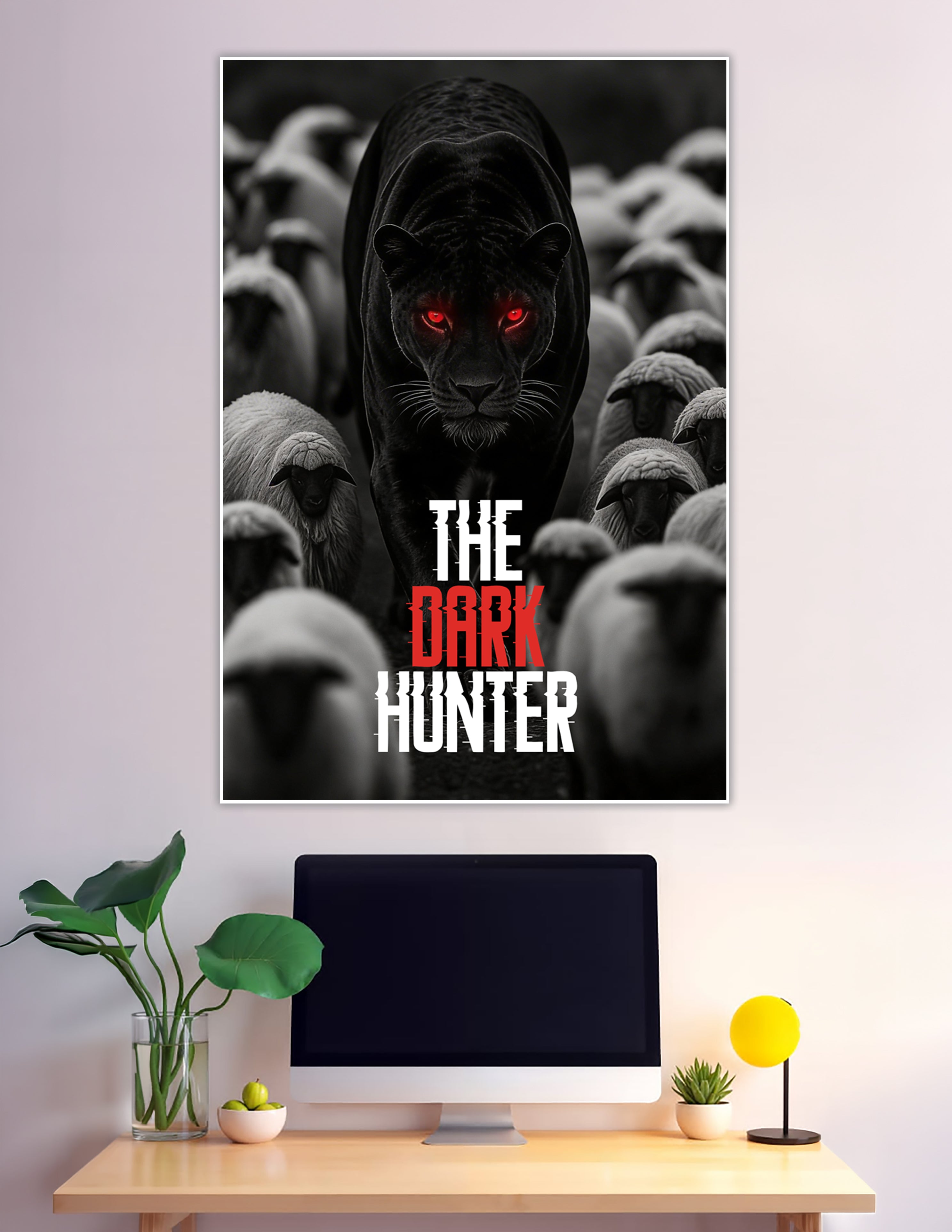 Black panther with red eyes among grey sheep poster
