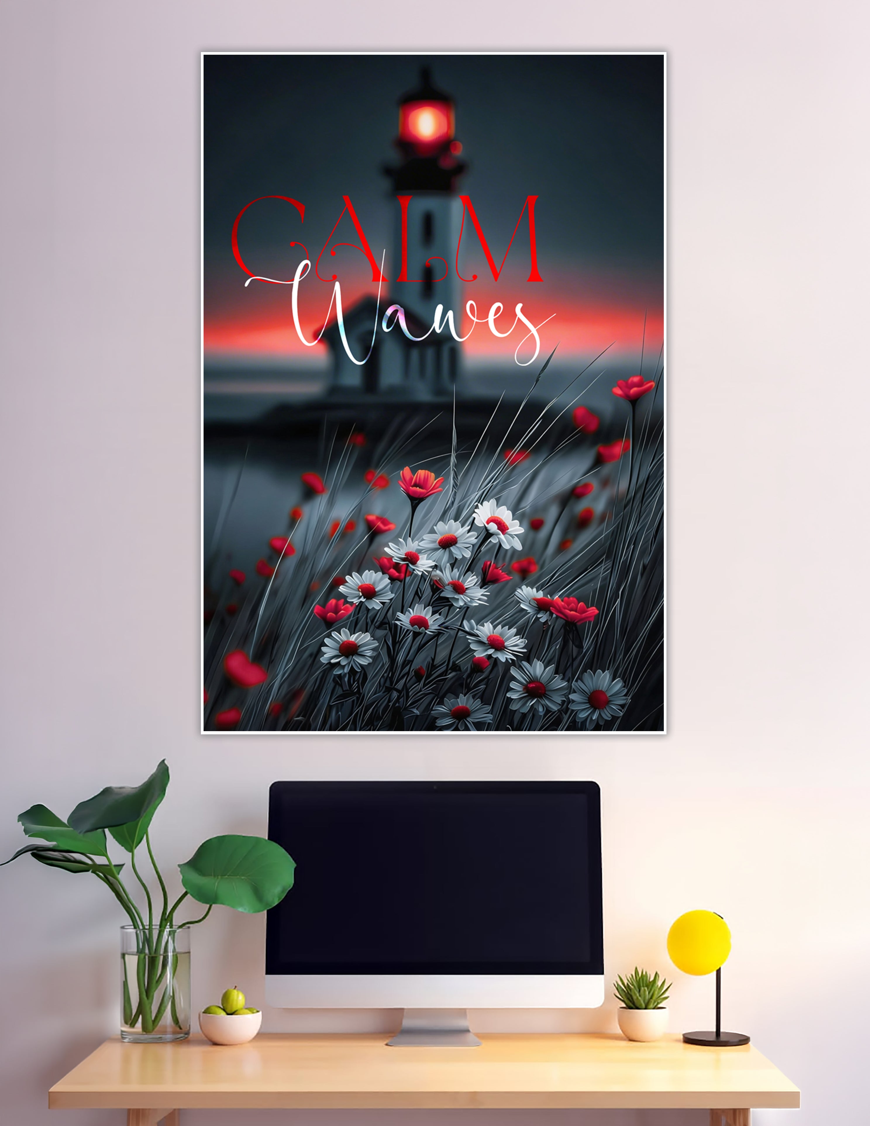 Moody lighthouse sunset poster with red and white wildflowers