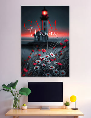 Moody lighthouse sunset poster with red and white wildflowers