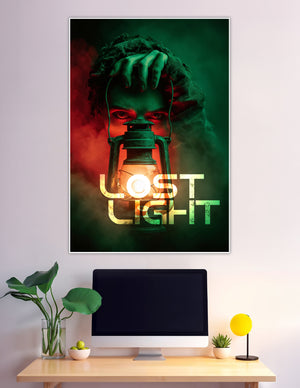 Cloaked figure with red eyes holding glowing lantern horror poster