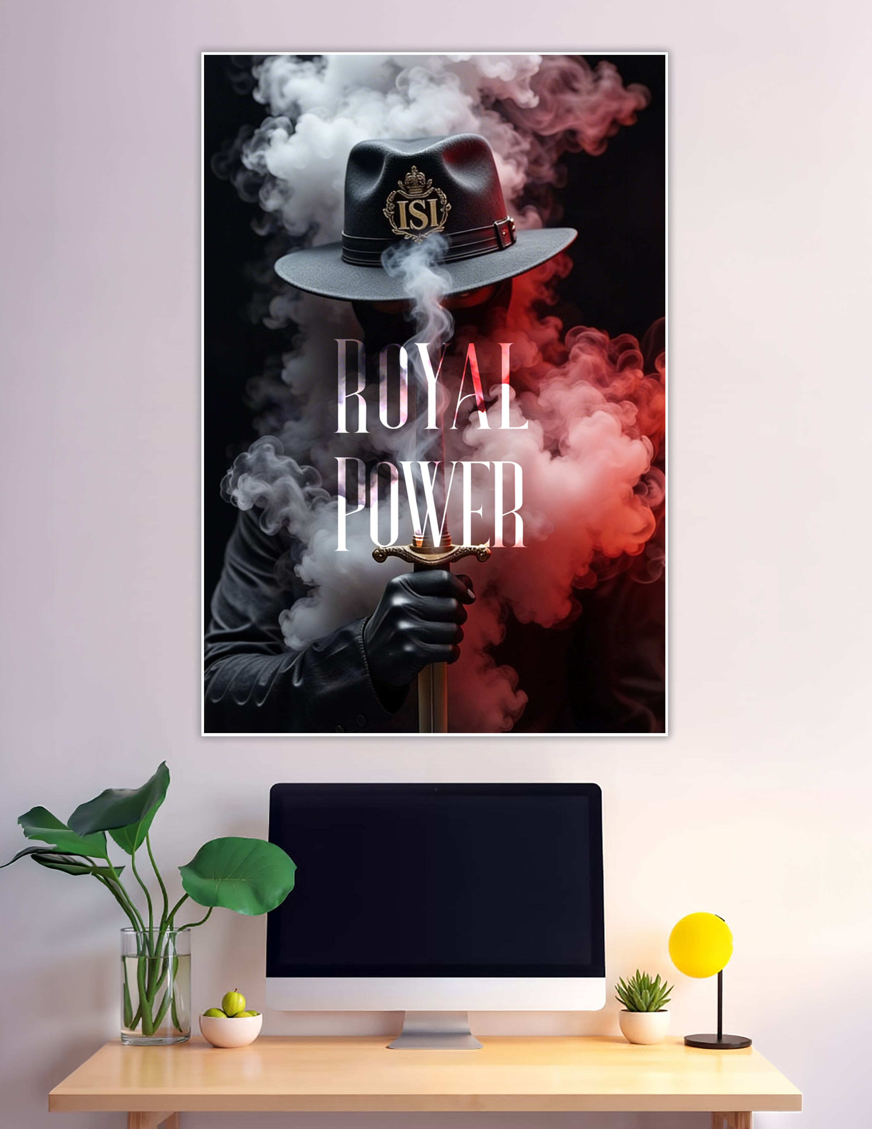 Mysterious figure in ISI-crested fedora holding a sword surrounded by red and white smoke with Royal Power text overlay on dark background
