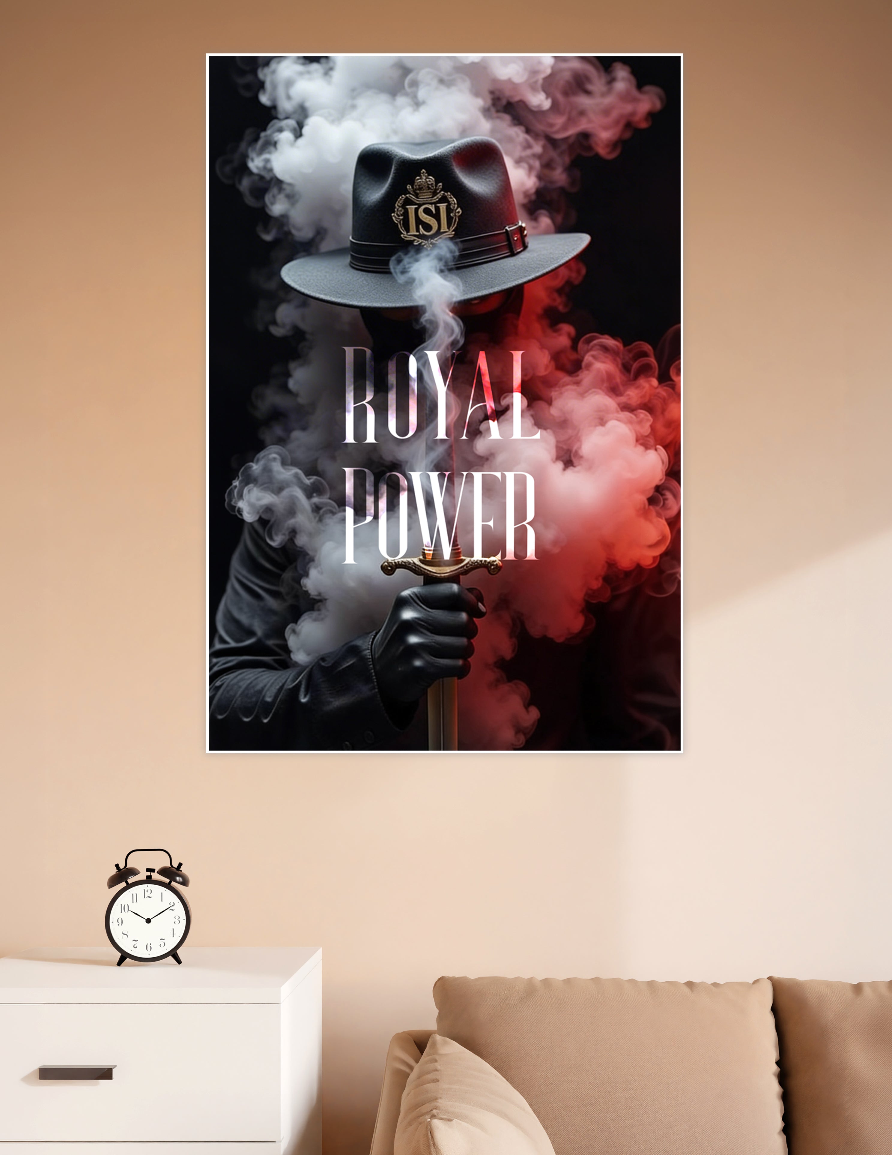Mysterious figure in ISI-crested fedora holding a sword surrounded by red and white smoke with Royal Power text overlay on dark background
