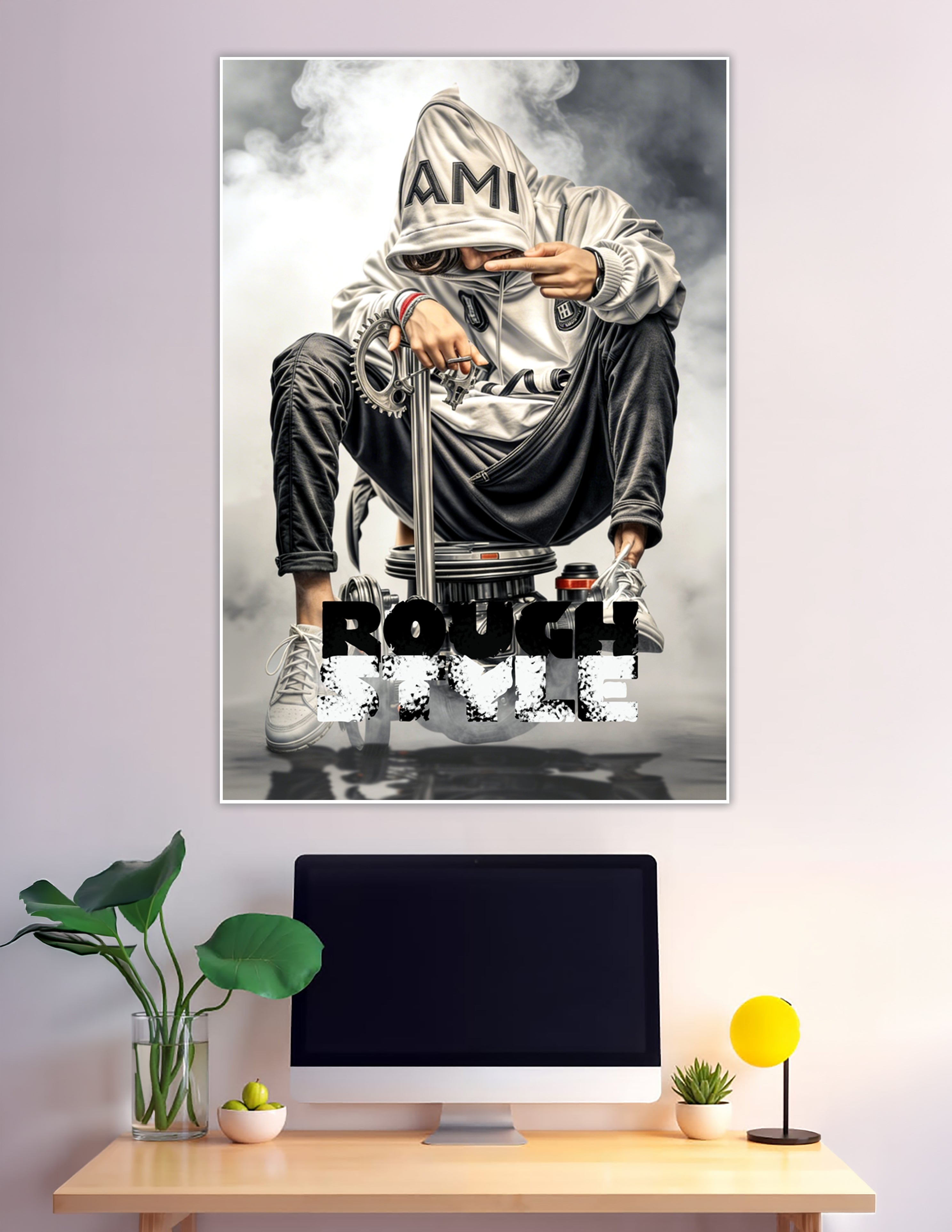 Hooded figure sitting on engine parts with smoke background
