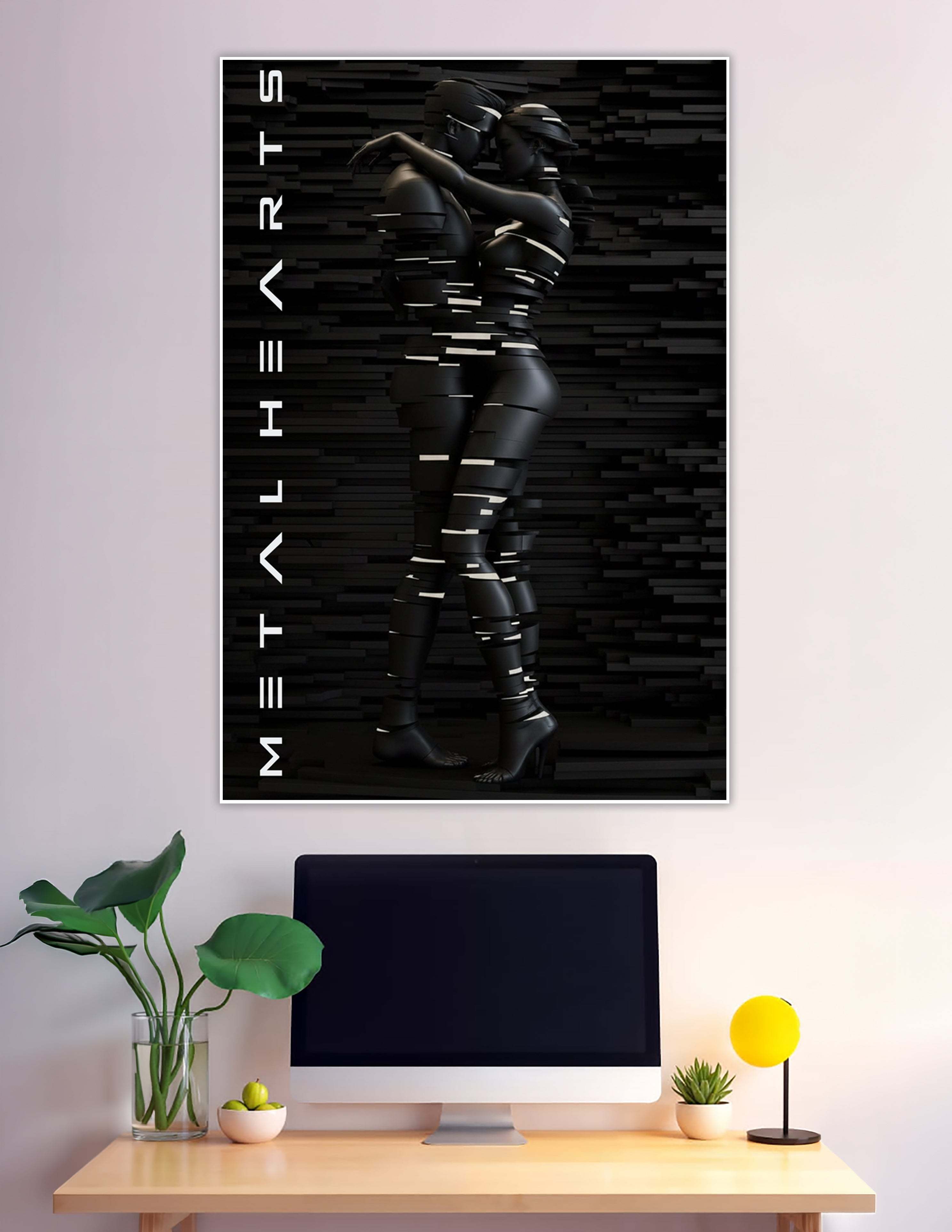 Two futuristic figures wrapped in black bands embracing against a dark textured wall, Metal Hearts cyberpunk poster print