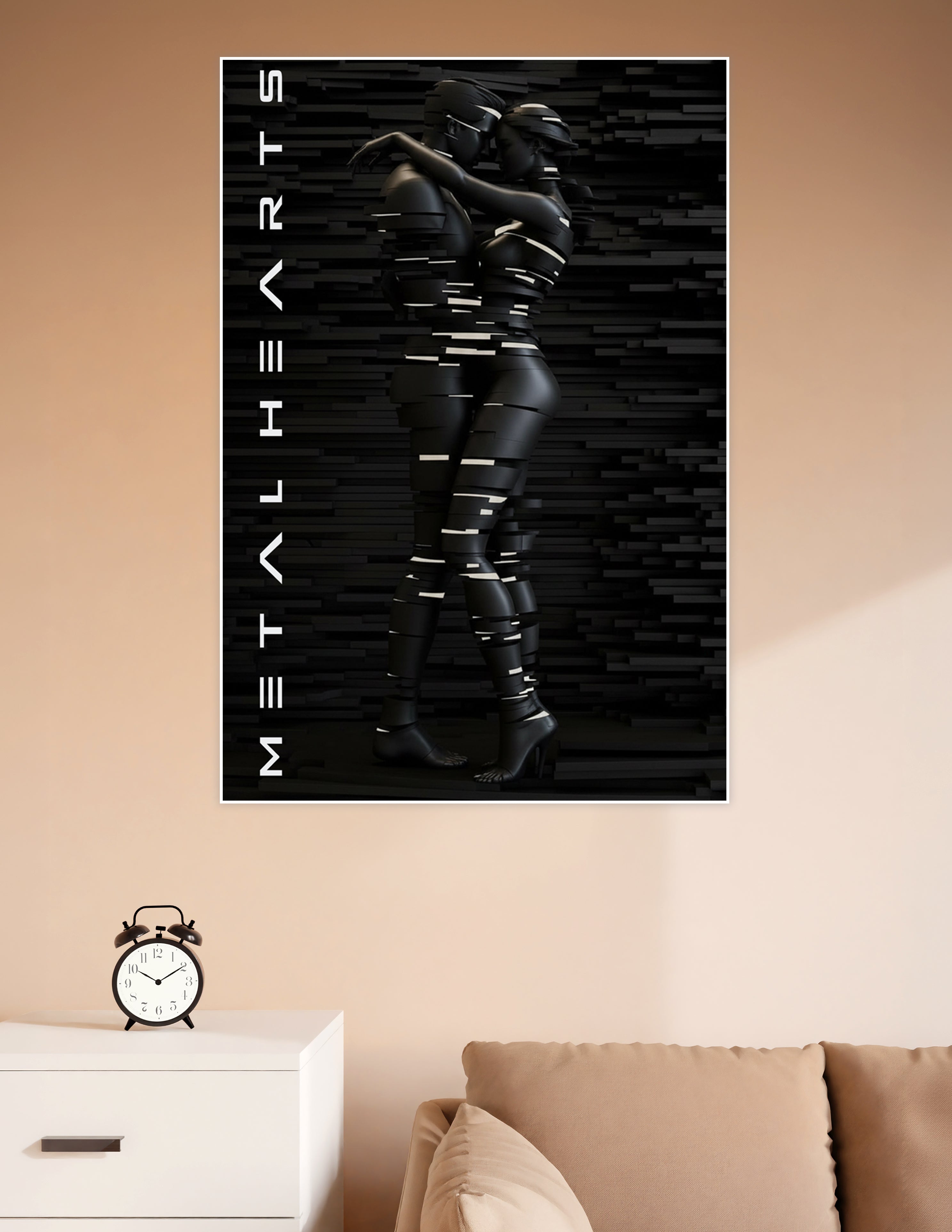 Two futuristic figures wrapped in black bands embracing against a dark textured wall, Metal Hearts cyberpunk poster print