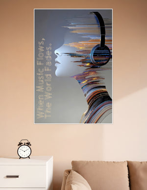 Abstract poster of a sculpted face profile wearing headphones dissolving into vibrant multicolored streaks and sound waves with the quote When Music Flows The World Fades