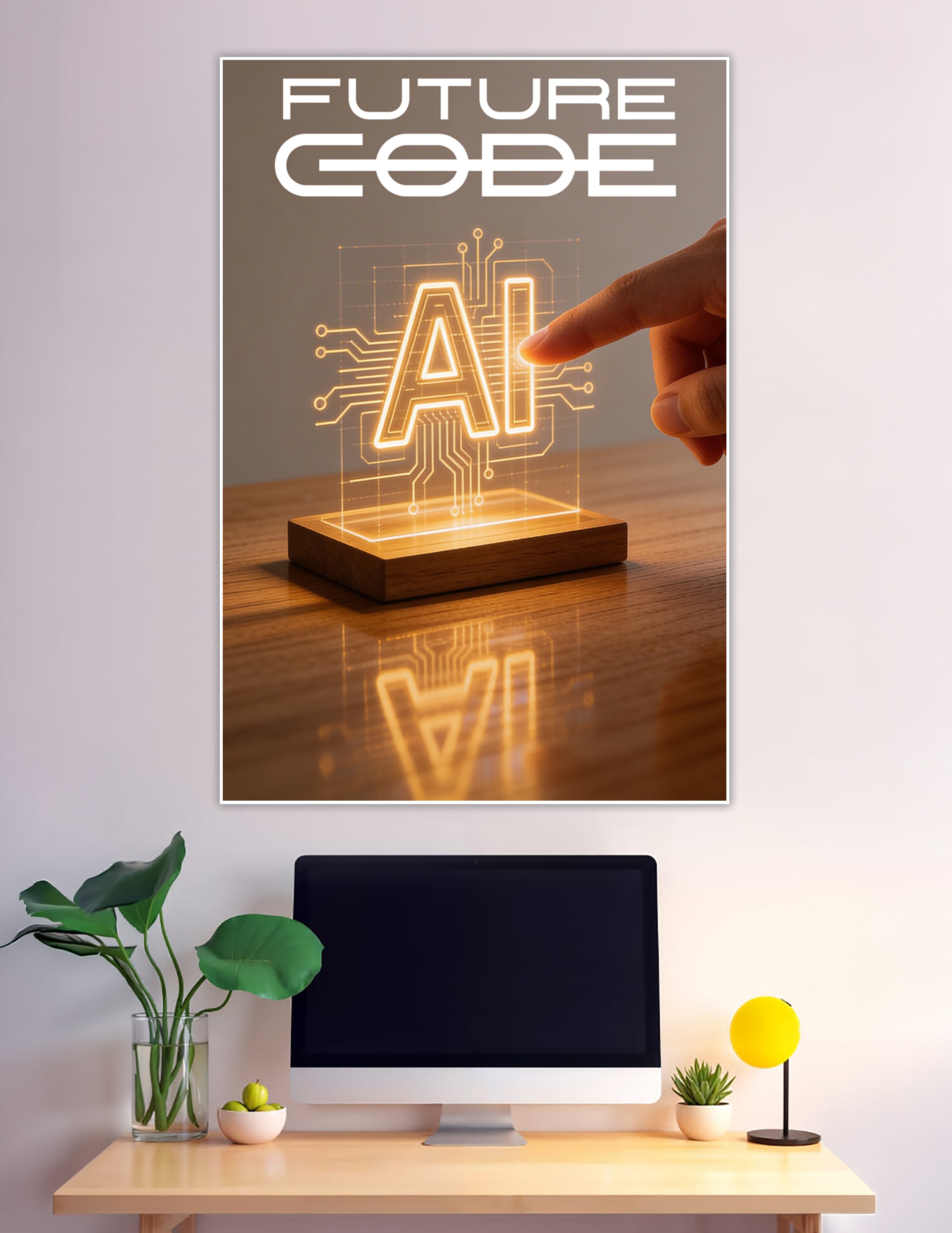 Glowing AI hologram on wooden base with finger touching