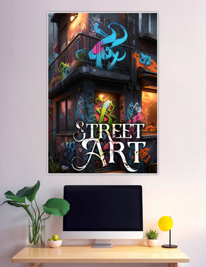 Urban building covered in colorful graffiti wildstyle lettering in neon blue, green, pink and orange under moody night lighting with Street Art text overlay