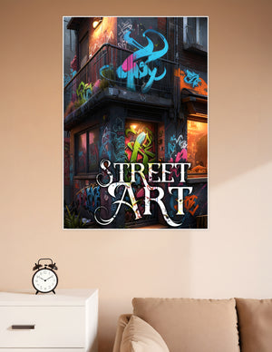 Urban building covered in colorful graffiti wildstyle lettering in neon blue, green, pink and orange under moody night lighting with Street Art text overlay