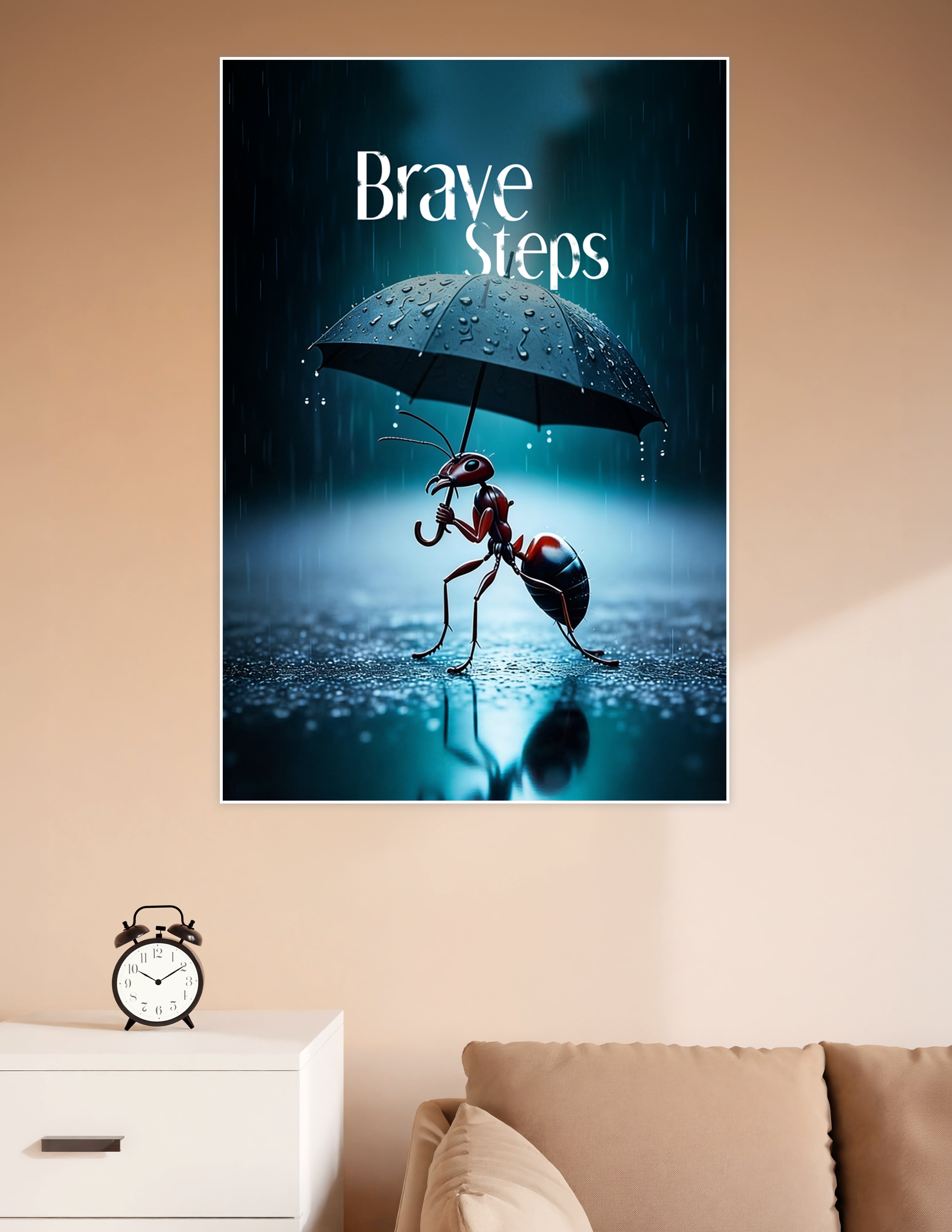 A determined red ant holding a rain-covered umbrella in a dramatic blue rainstorm with 'Brave Steps' text above, printed as a premium matte wall poster