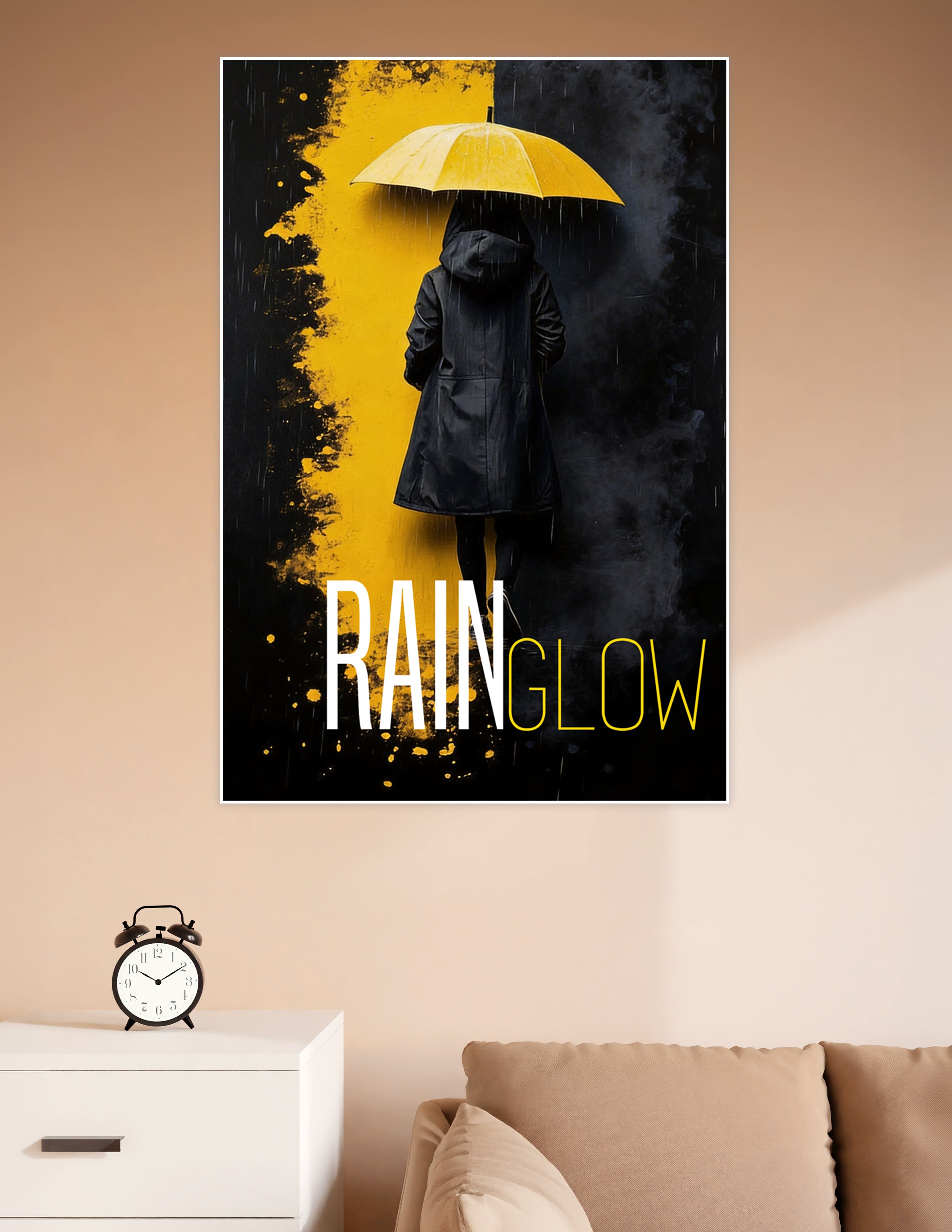 A person in a black raincoat holding a bright yellow umbrella standing against a dramatic black and yellow stormy background with the text Rain Glow