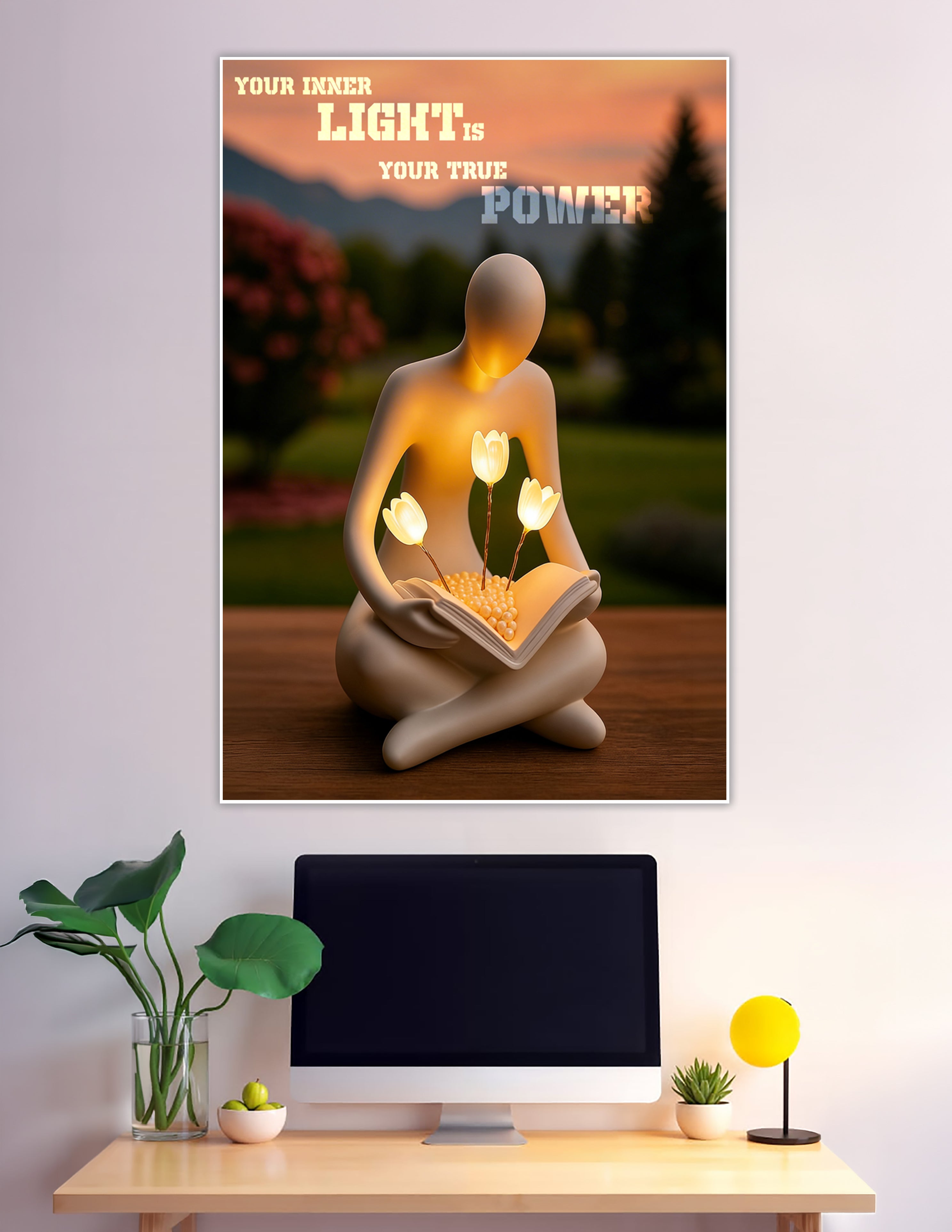 Glowing figurine holding book with blooming light flowers