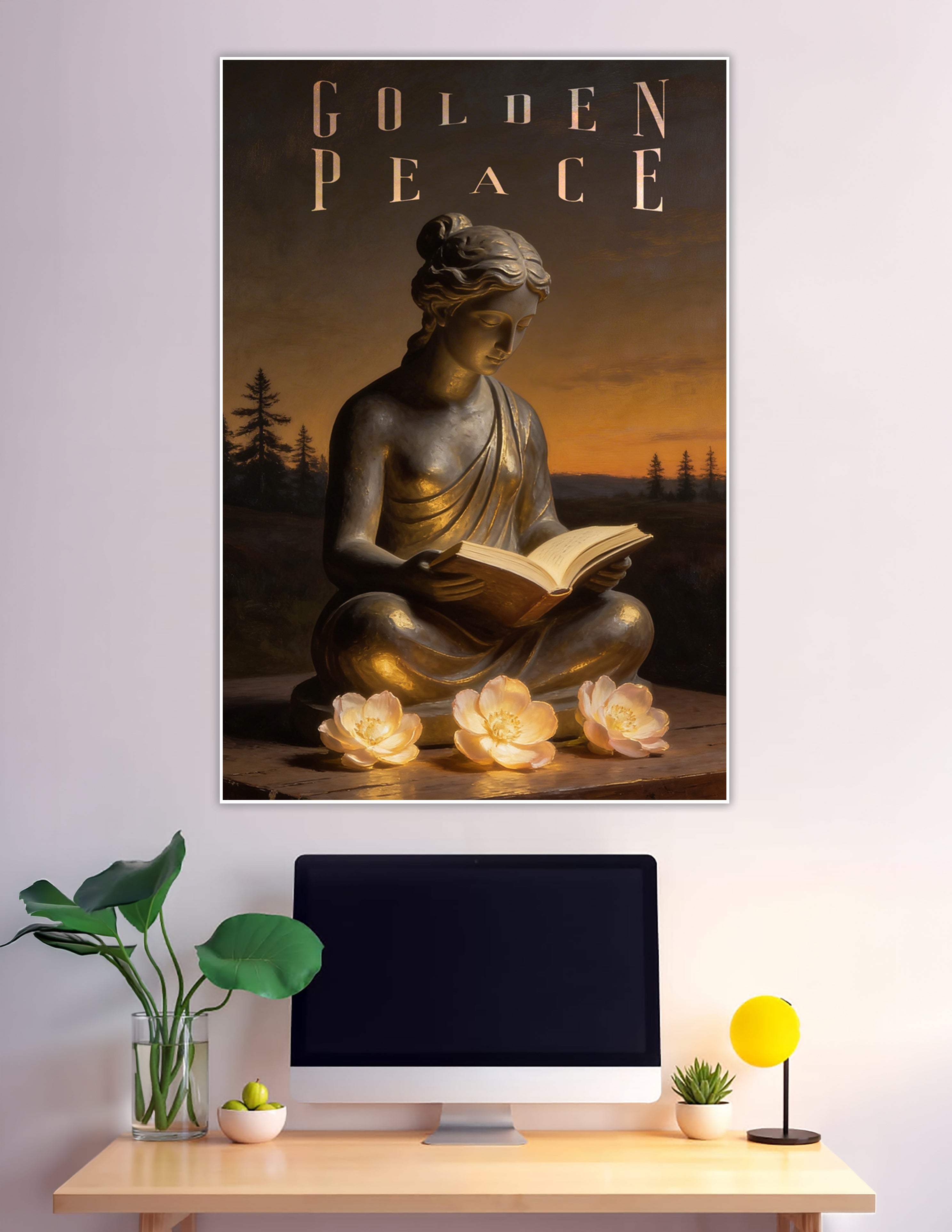 Golden classical goddess statue reading book with lotus flowers
