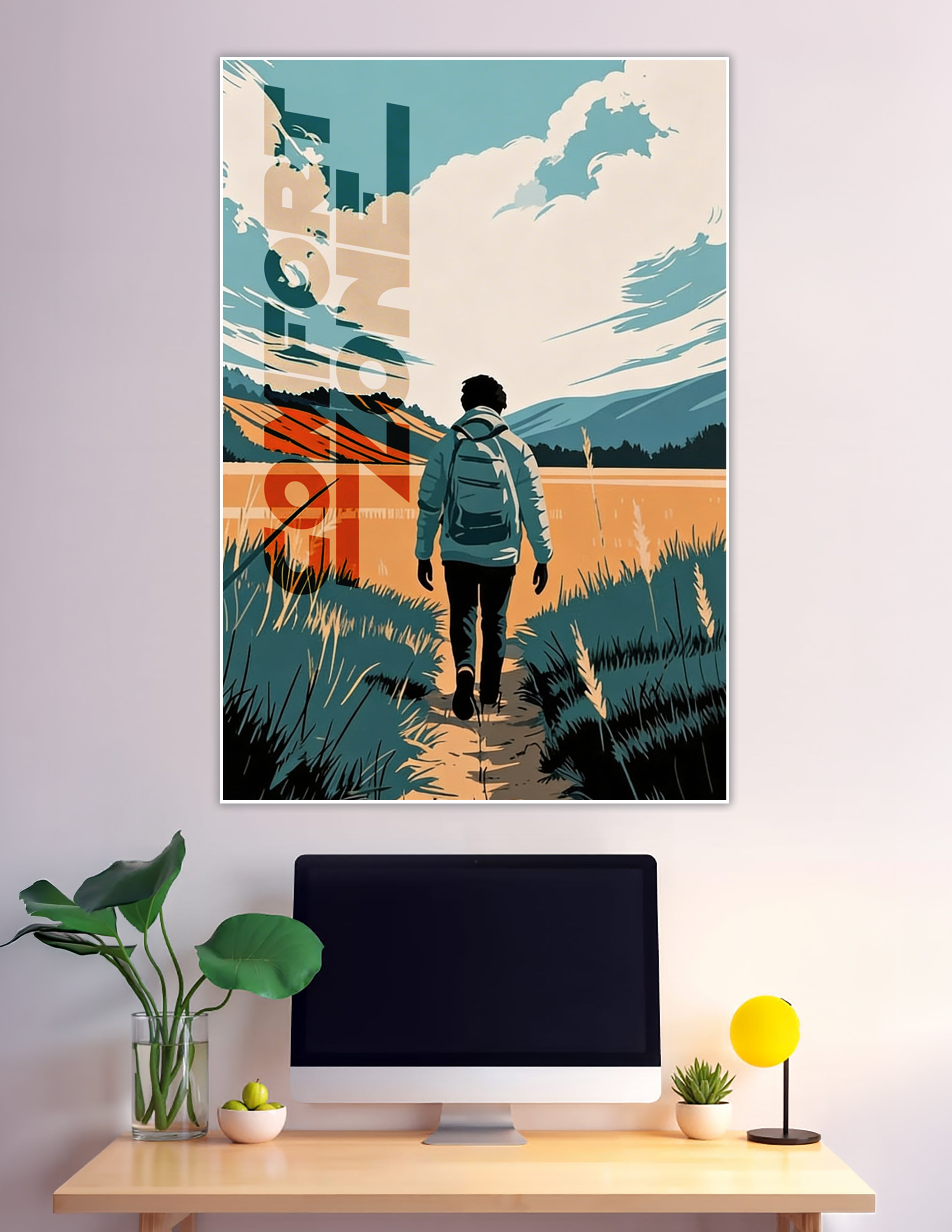 Retro-style illustration poster of a lone hiker with a backpack walking a trail through golden meadows toward misty mountains under a dramatic teal sky