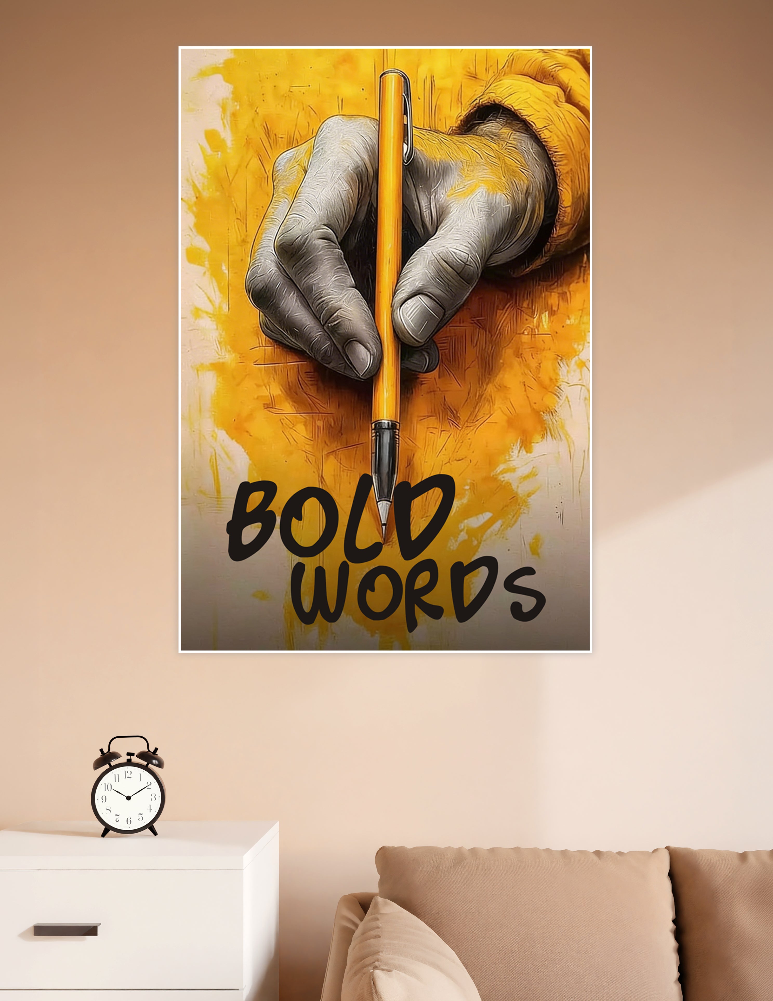 Graphic art poster of a monochrome hand gripping a yellow pen against a vivid golden-yellow painted background with bold 'Bold Words' typography at the bottom