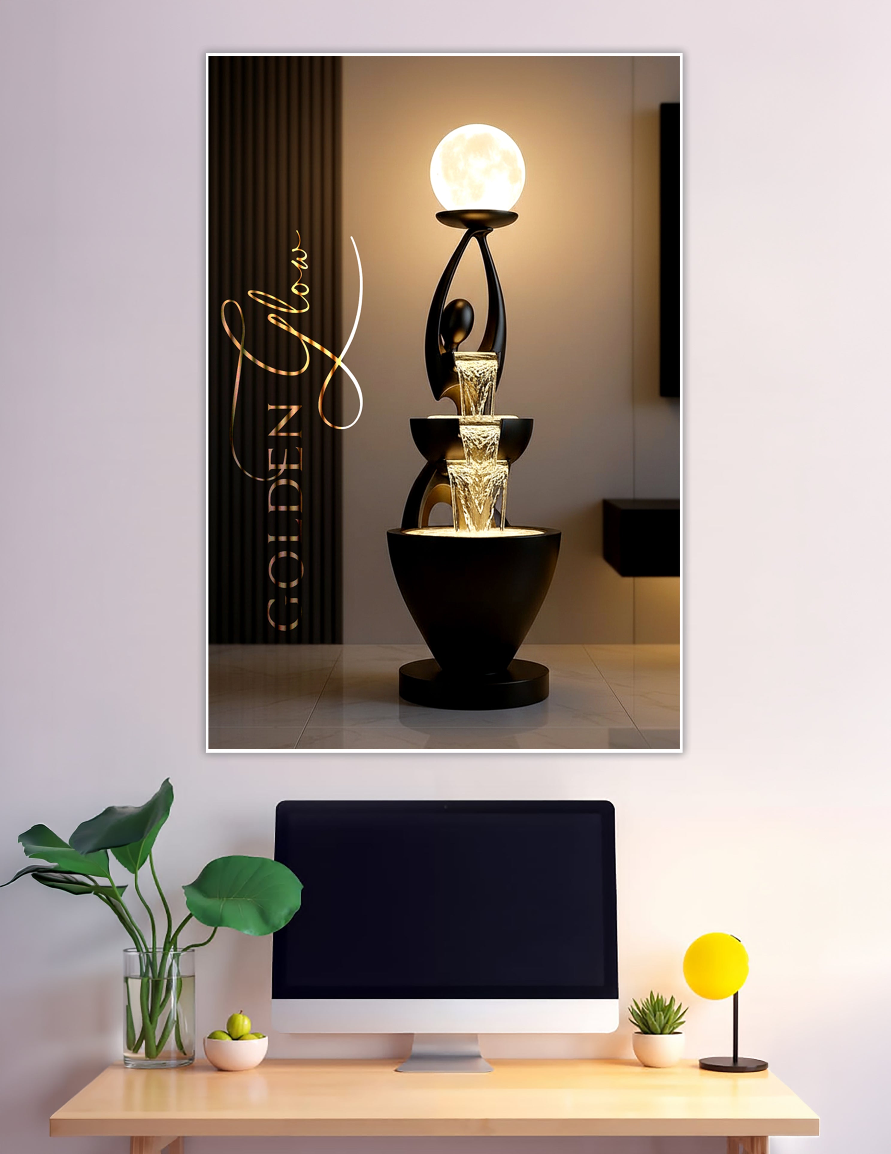 Abstract black sculpture holding a glowing moon above cascading golden water tiers in a luxury interior setting — Golden Glow art poster
