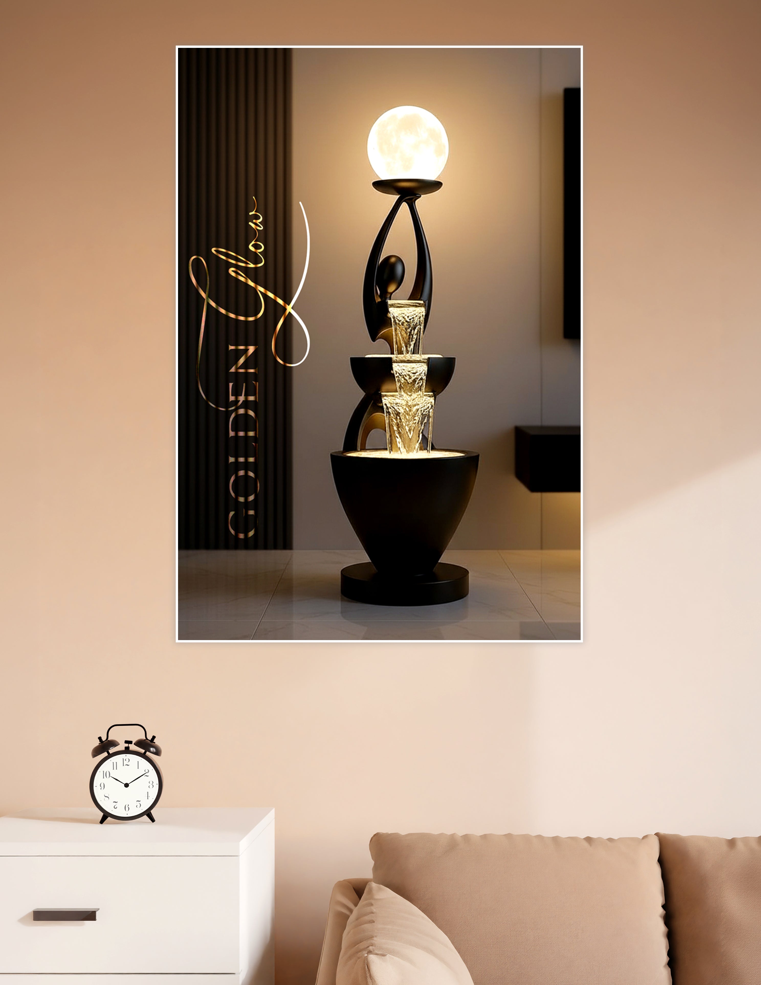 Abstract black sculpture holding a glowing moon above cascading golden water tiers in a luxury interior setting — Golden Glow art poster