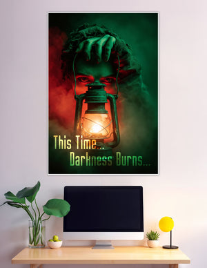 Creepy cloaked figure with red eyes holding vintage lantern