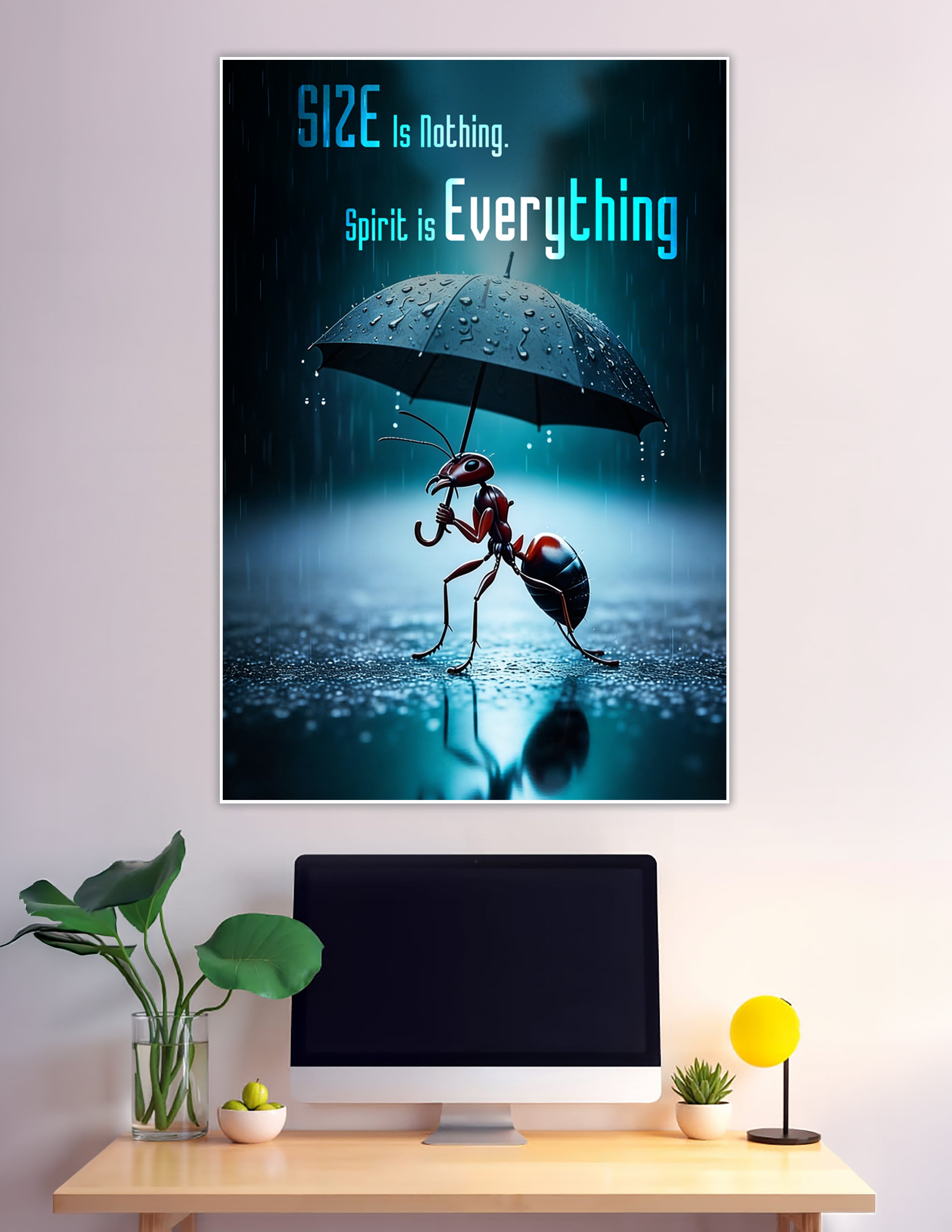Determined ant holding umbrella in rain motivational poster