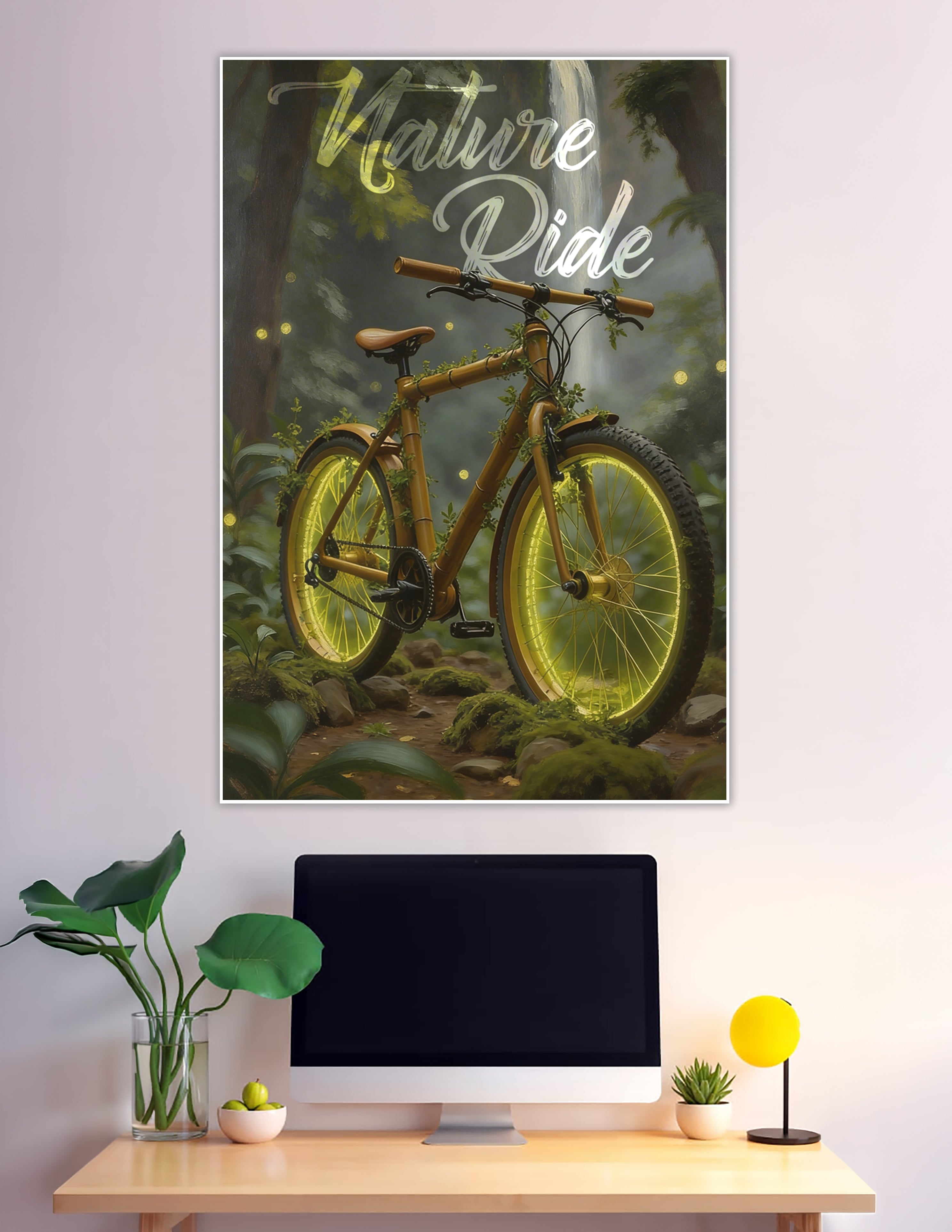 Glowing bamboo bicycle in enchanted forest with waterfall