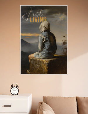 Painterly poster of a hooded figure in a denim jacket sitting on a stone ledge overlooking a misty mountain landscape with gold accents and the text Just Living