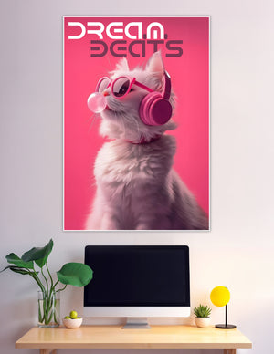 Cool white cat with pink headphones and sunglasses blowing bubblegum