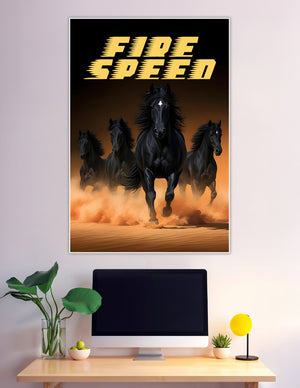 Four black stallions running through desert dust clouds