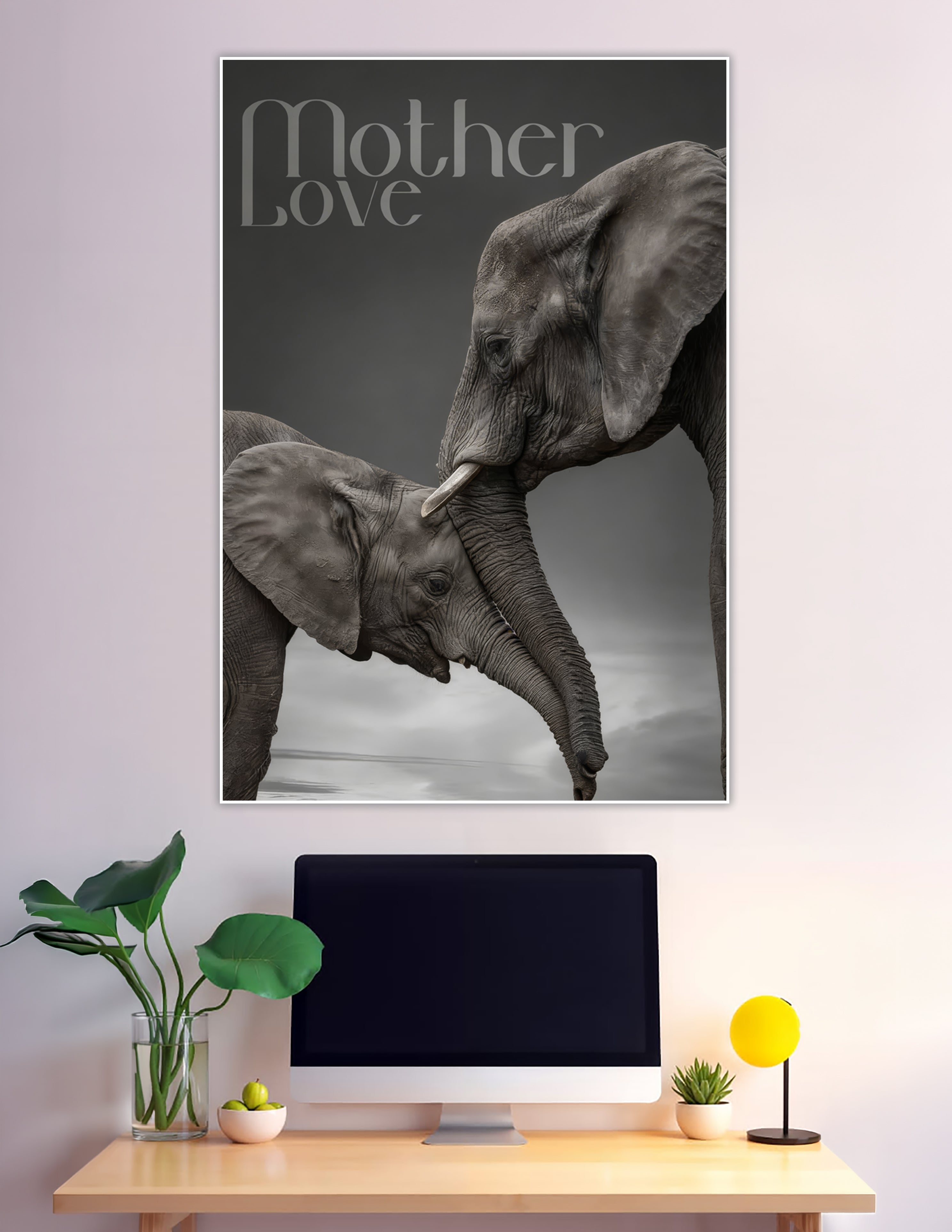 Black and white mother elephant nuzzling baby calf poster