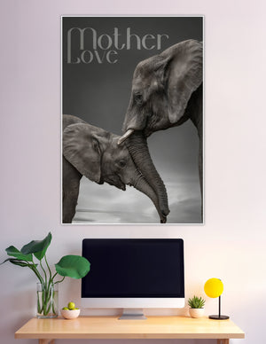 Black and white mother elephant nuzzling baby calf poster