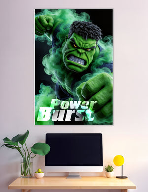 Hulk Power Burst poster showing the Hulk in an aggressive fighting stance surrounded by swirling green smoke with bold Power Burst text