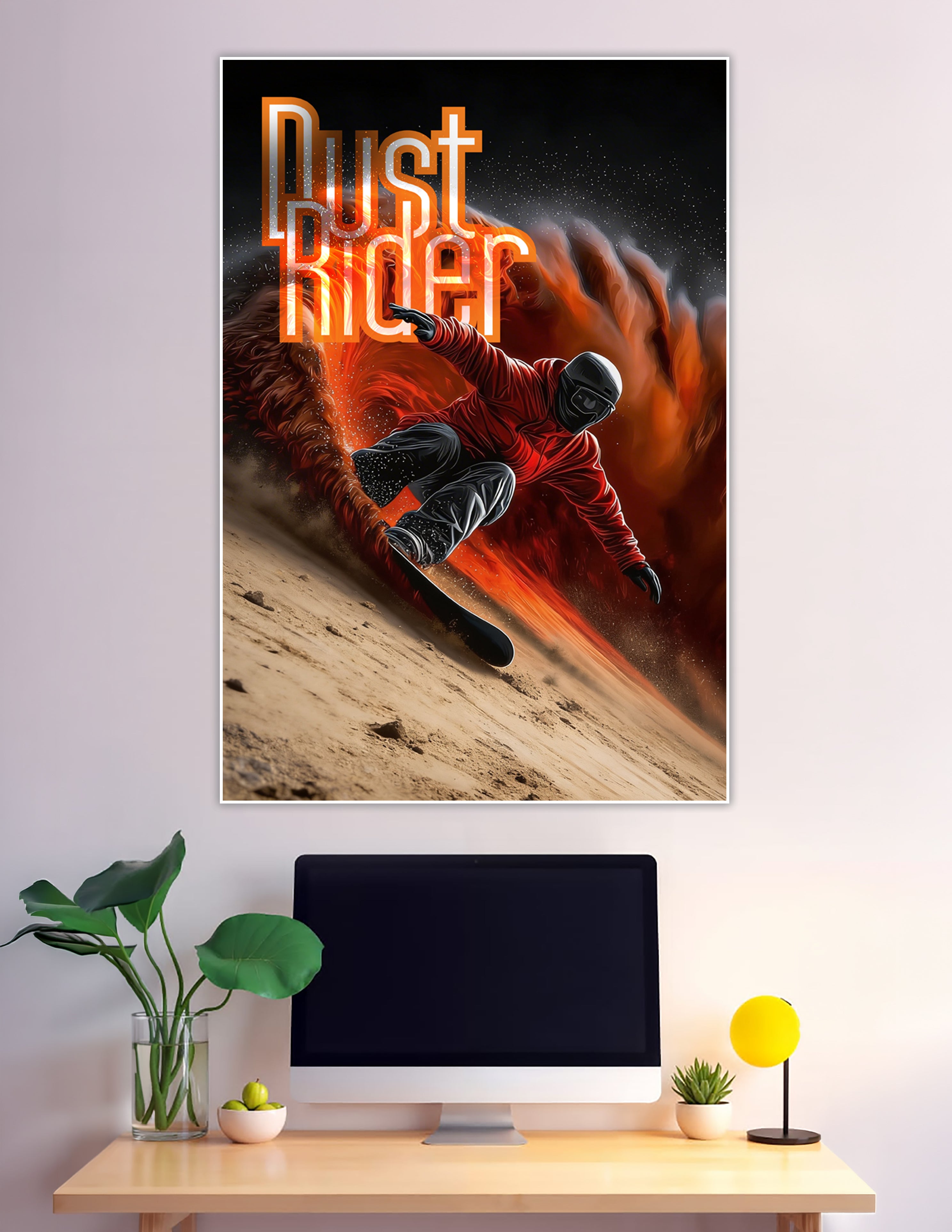 Dust Rider poster showing a helmeted sandboarder in a red jacket carving down a desert dune surrounded by swirling fire and dust clouds
