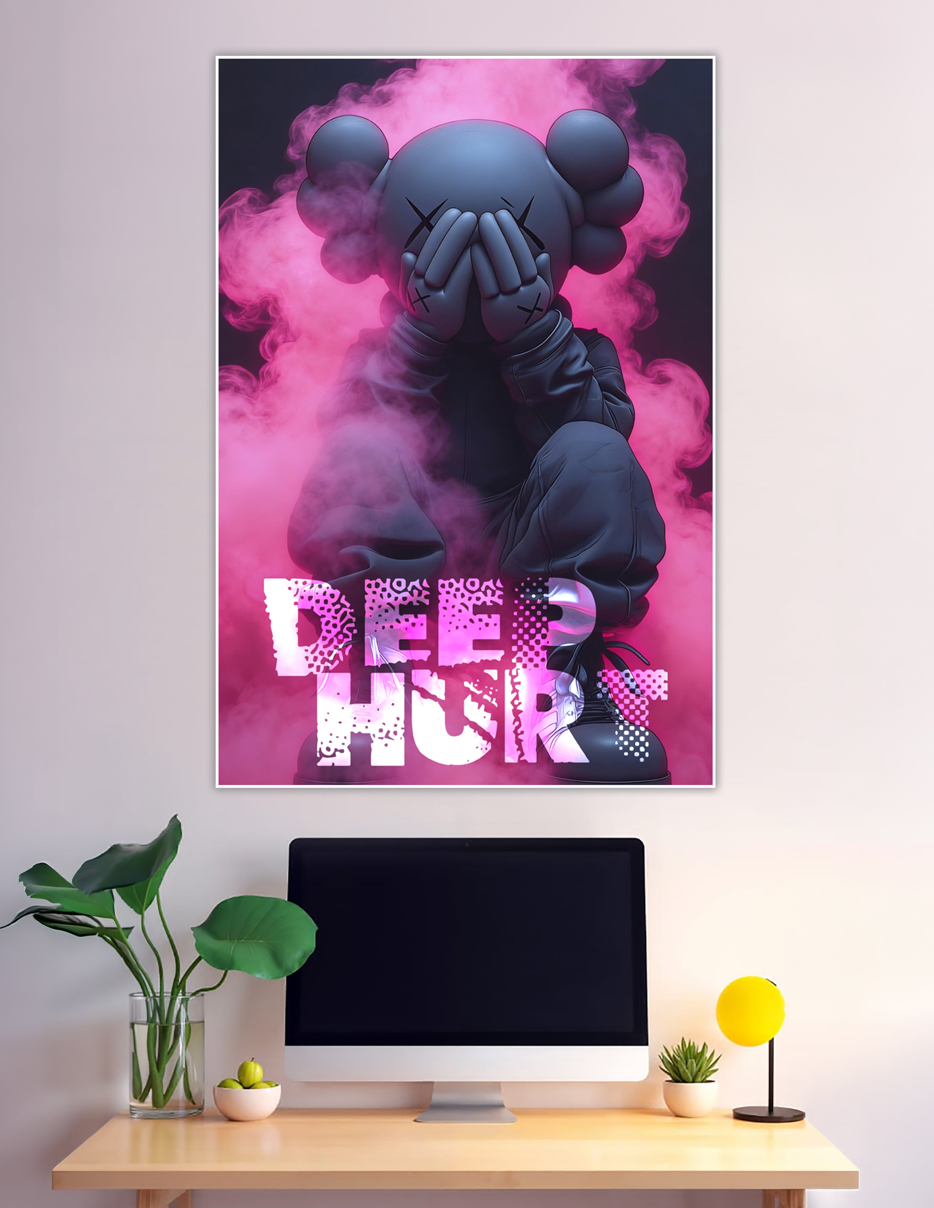 KAWS-inspired dark figure covering face with hands surrounded by pink smoke with Deep Hurt typography poster