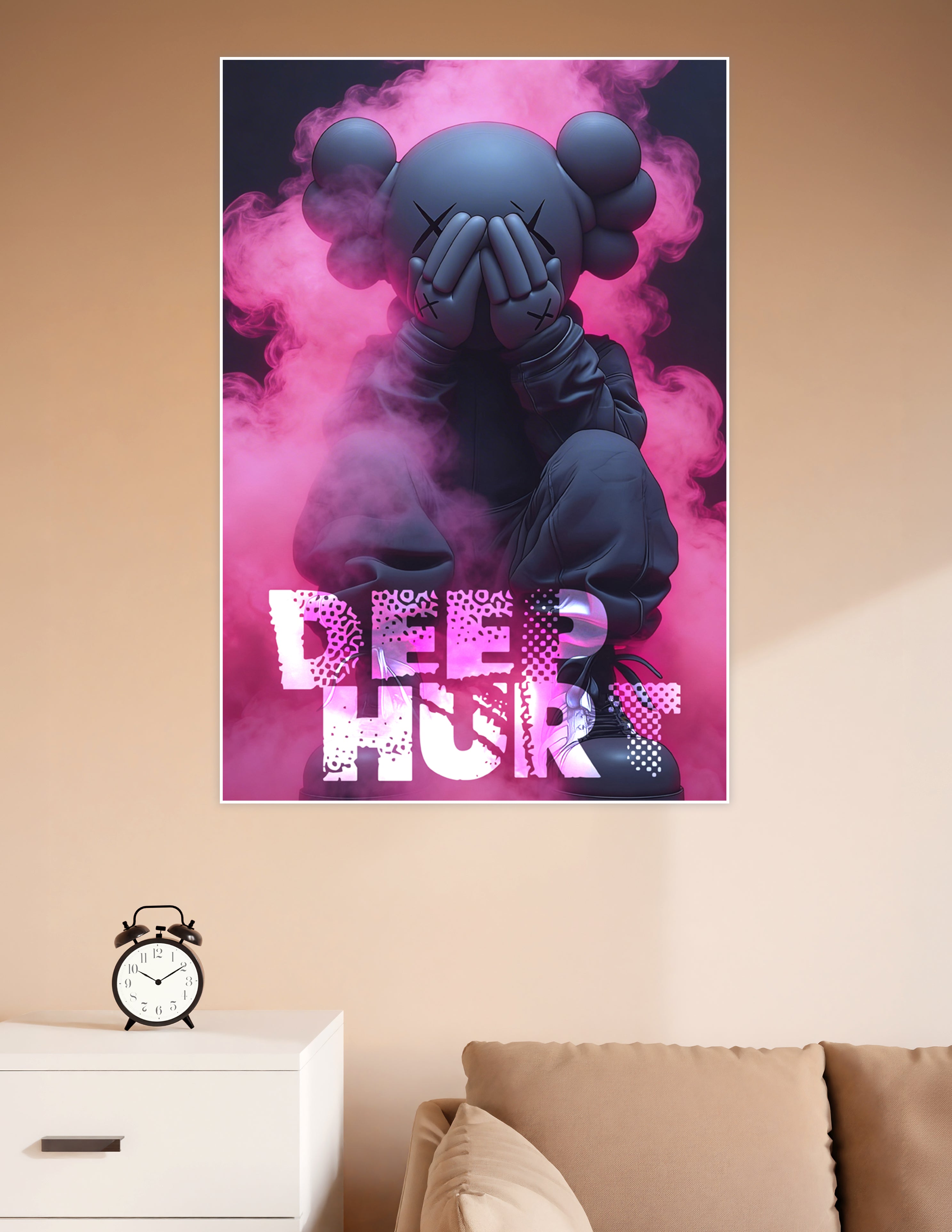 KAWS-inspired dark figure covering face with hands surrounded by pink smoke with Deep Hurt typography poster