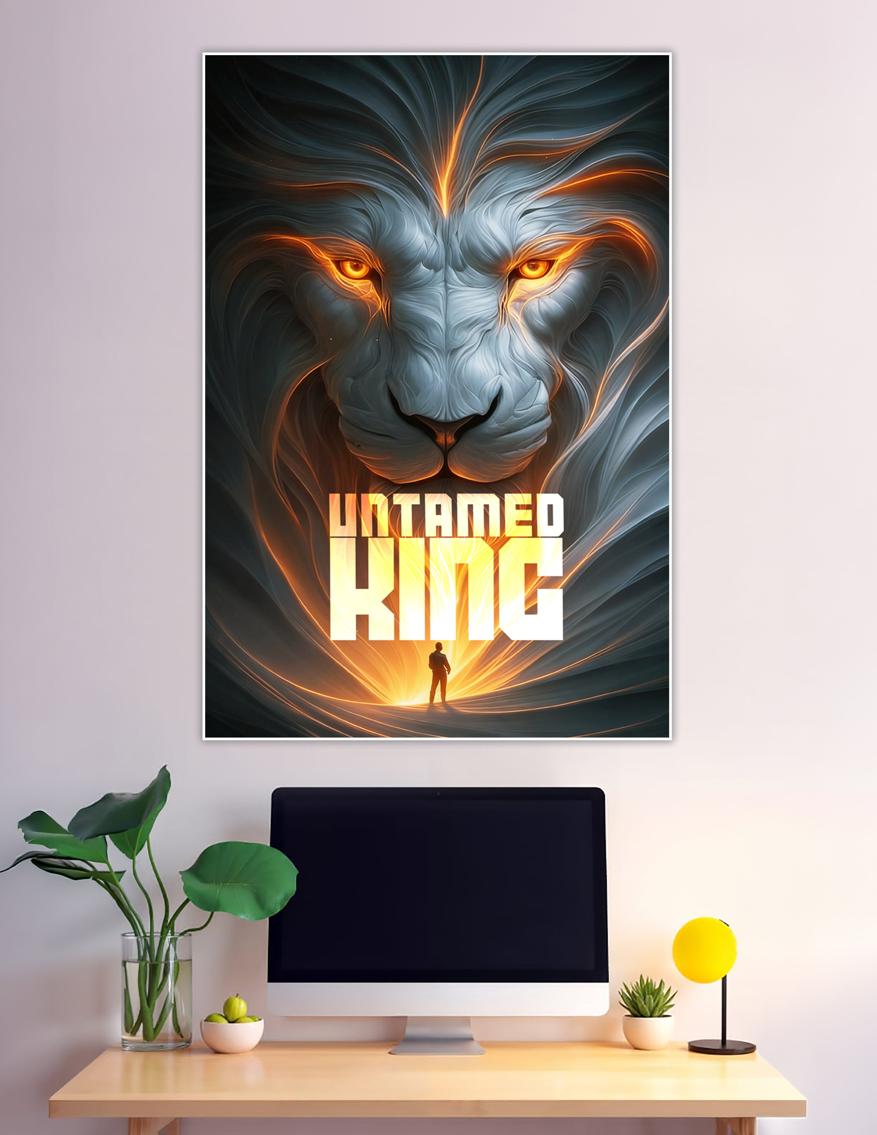 Massive glowing silver lion with fiery amber eyes and a lone human figure standing beneath bold 'Untamed King' text in dramatic orange light