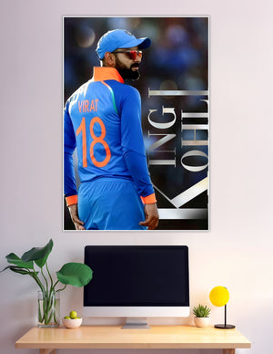 Virat Kohli wearing Indian cricket blue jersey number 18 with King Kohli typography poster