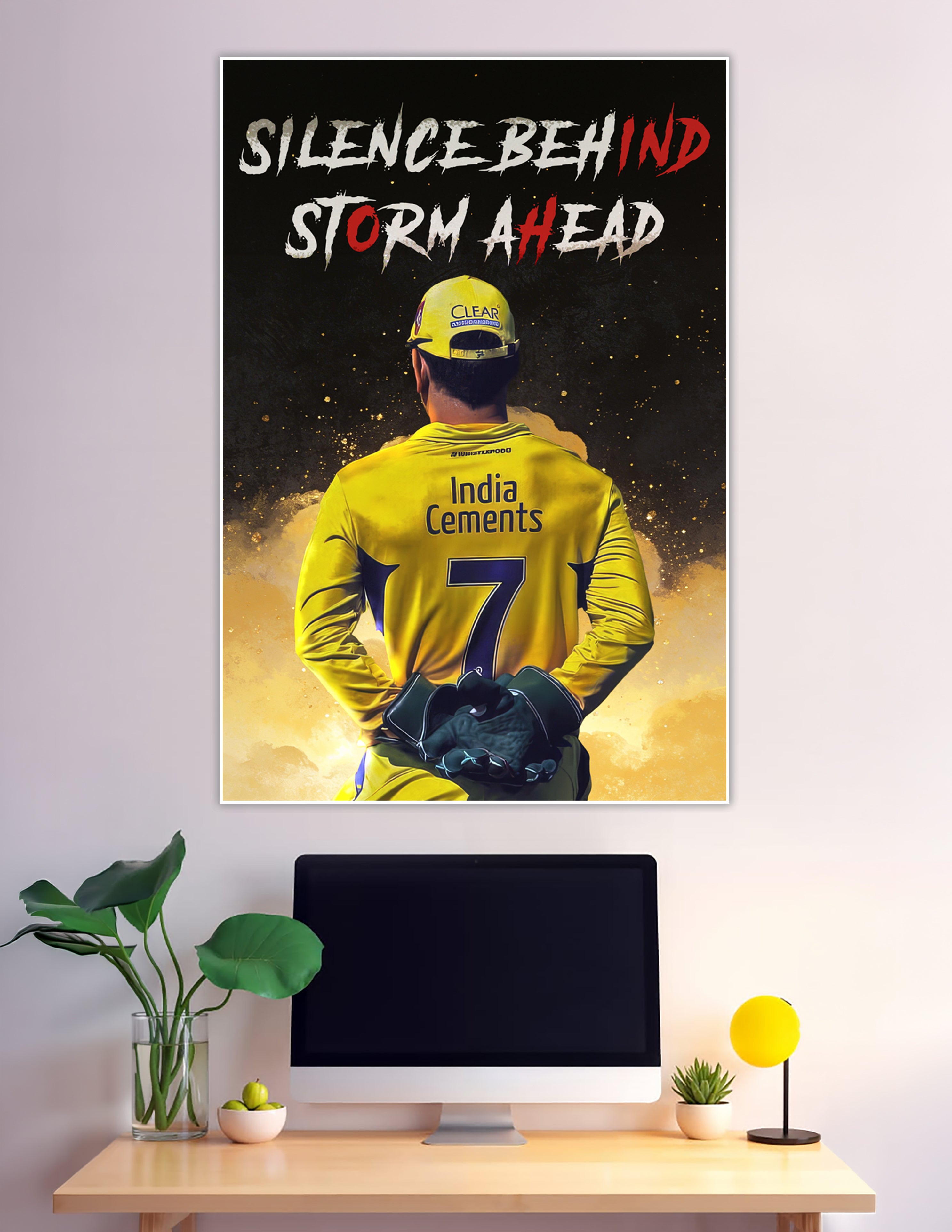 MS Dhoni CSK yellow jersey Number 7 poster with text Silence Behind Storm Ahead on dark dramatic background