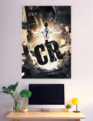 CR7 Cristiano Ronaldo Juventus Number 7 jersey dramatic lightning shatter effect wall poster with bold CR initials