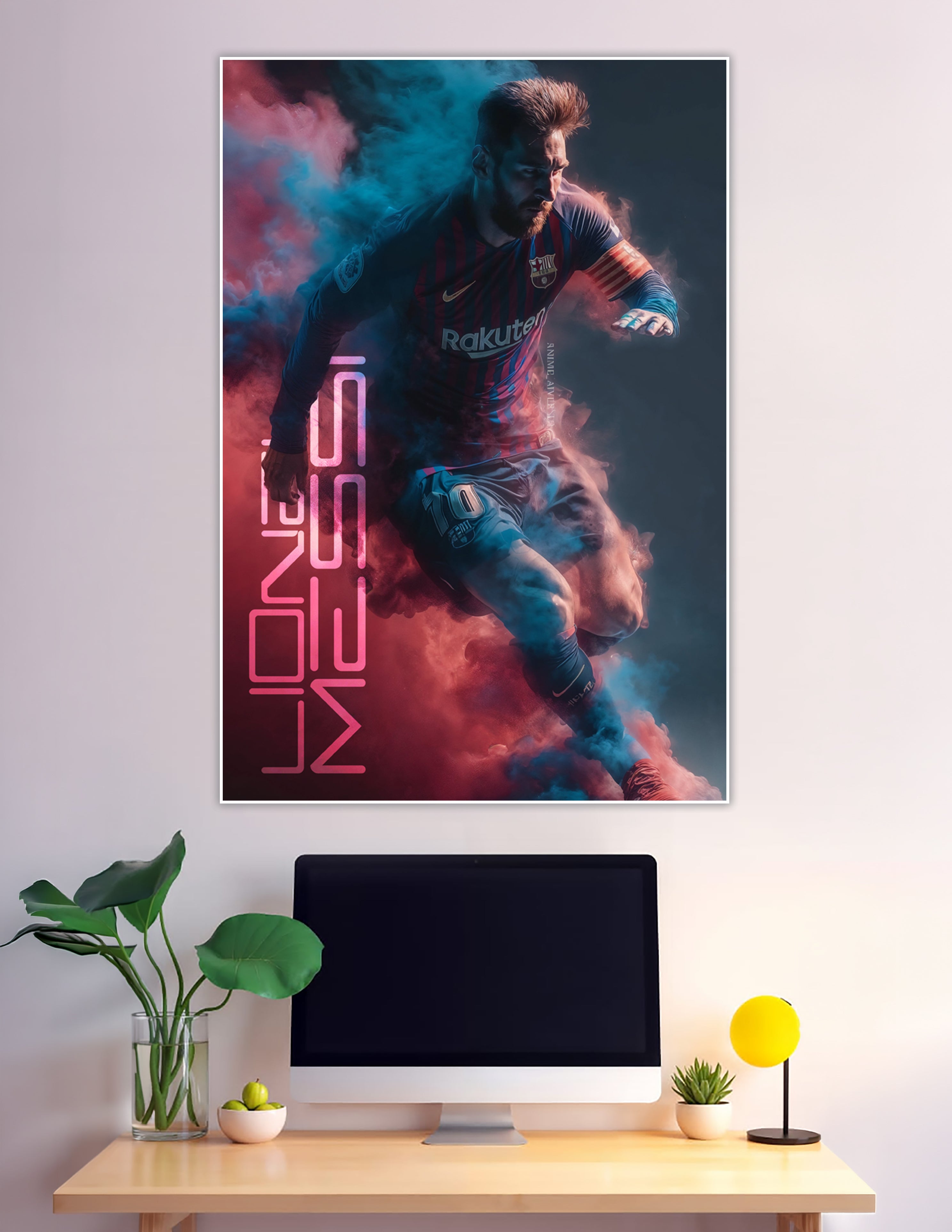 Dynamic FC Barcelona number 10 footballer in Rakuten jersey bursting through blue and red smoke clouds in an action pose, dramatic sports wall poster