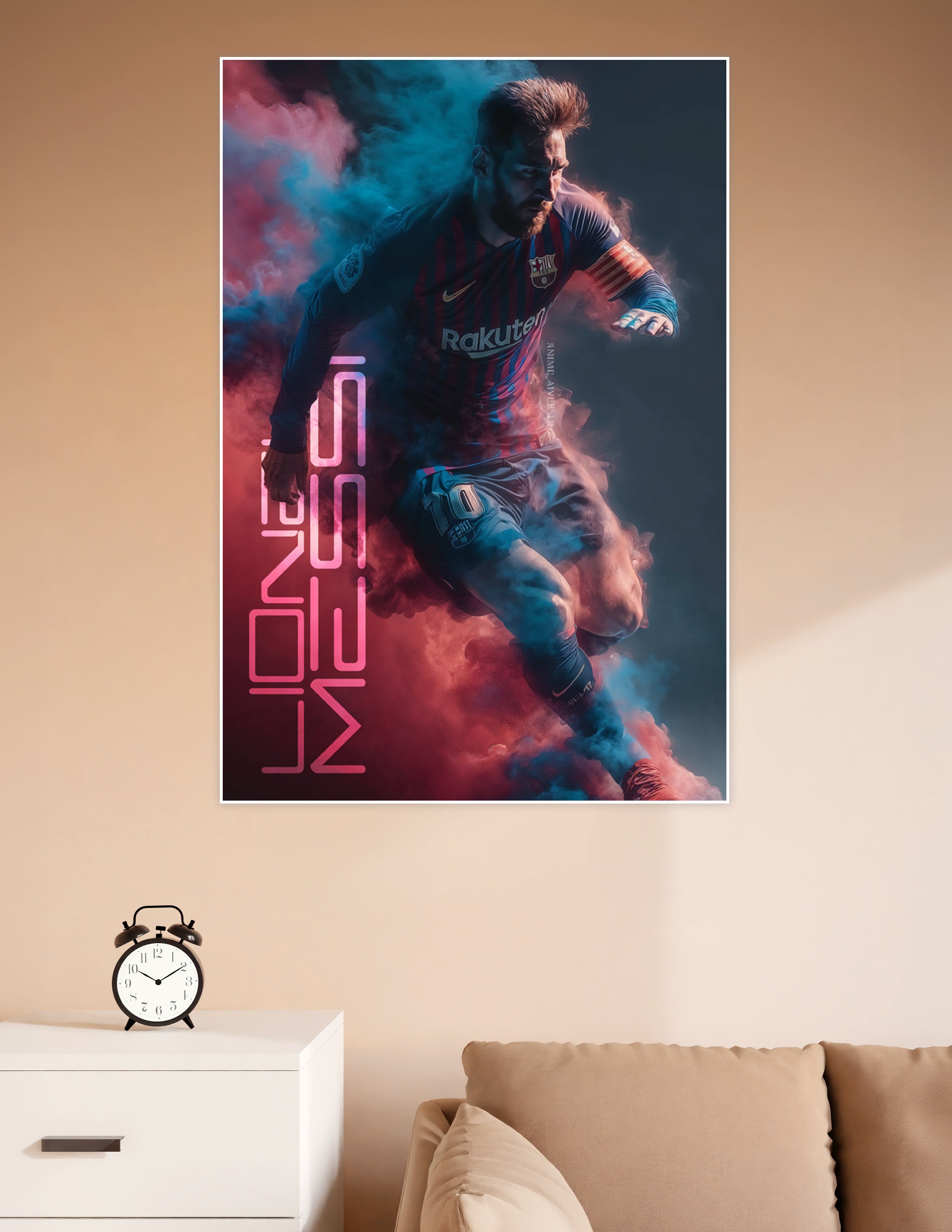 Dynamic FC Barcelona number 10 footballer in Rakuten jersey bursting through blue and red smoke clouds in an action pose, dramatic sports wall poster