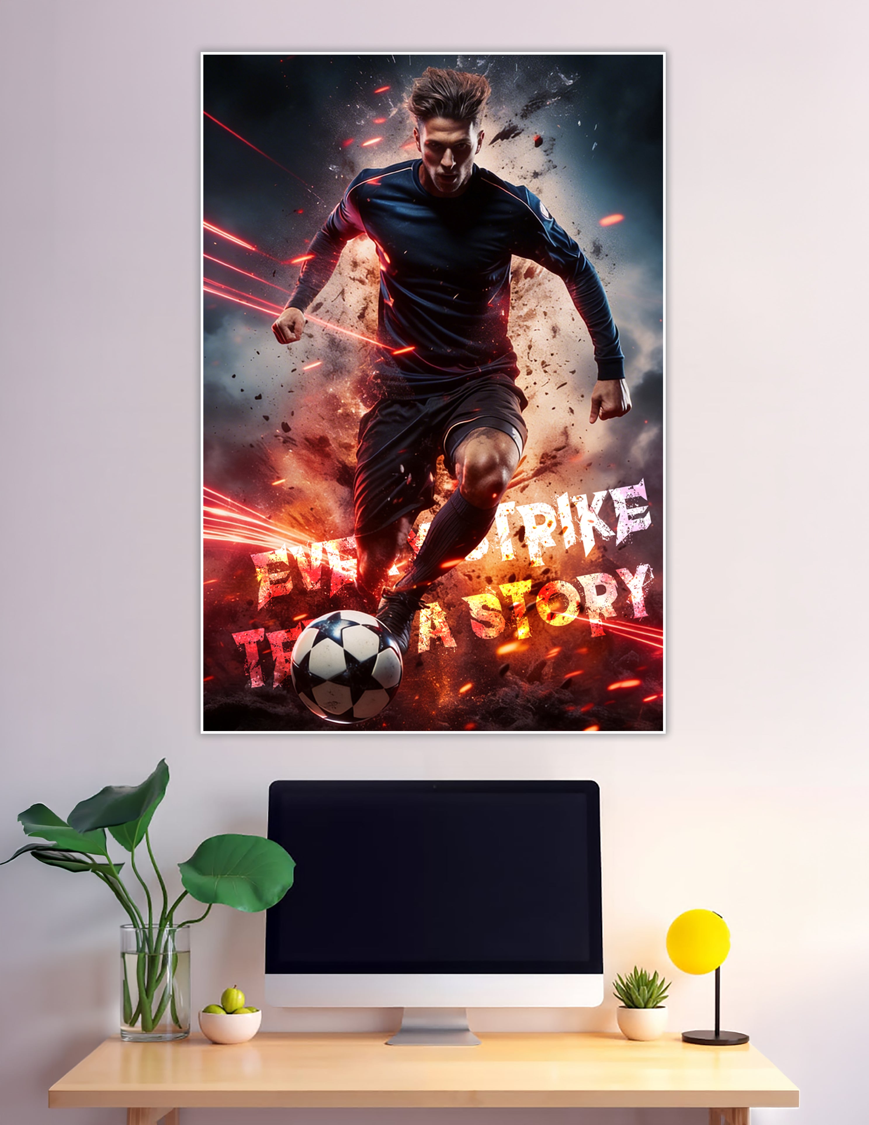 Dynamic soccer player striking a ball surrounded by red fire trails and explosive effects with motivational text 'Every Strike Tells a Story' on a dark dramatic background