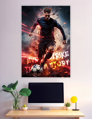 Dynamic soccer player striking a ball surrounded by red fire trails and explosive effects with motivational text 'Every Strike Tells a Story' on a dark dramatic background