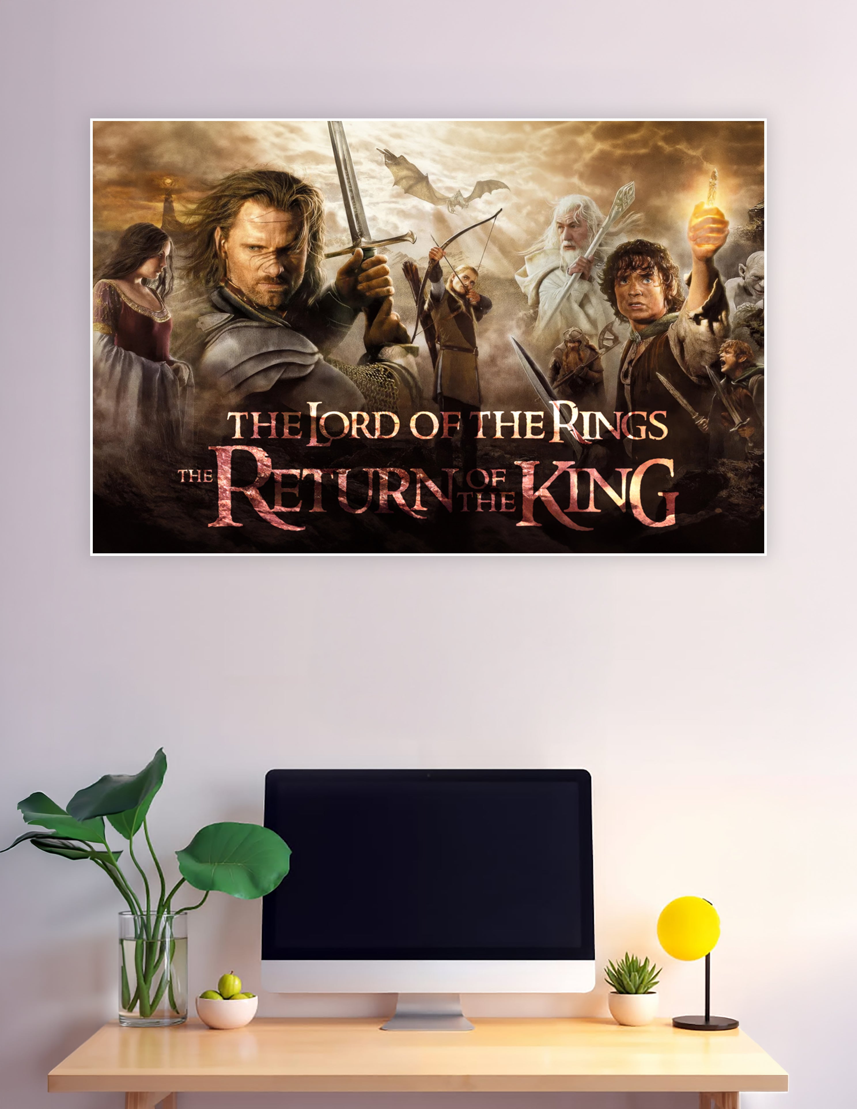 Lord of the Rings The Return of the King movie poster featuring Aragorn, Frodo, Gandalf, and Legolas against a dramatic golden sky with the Eye of Sauron