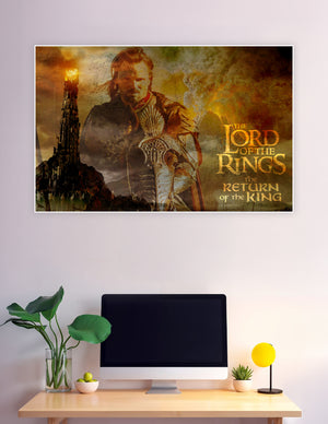 Lord of the Rings Return of the King movie poster featuring Aragorn in armor with the Eye of Sauron and Barad-dur tower in a fiery Mordor backdrop