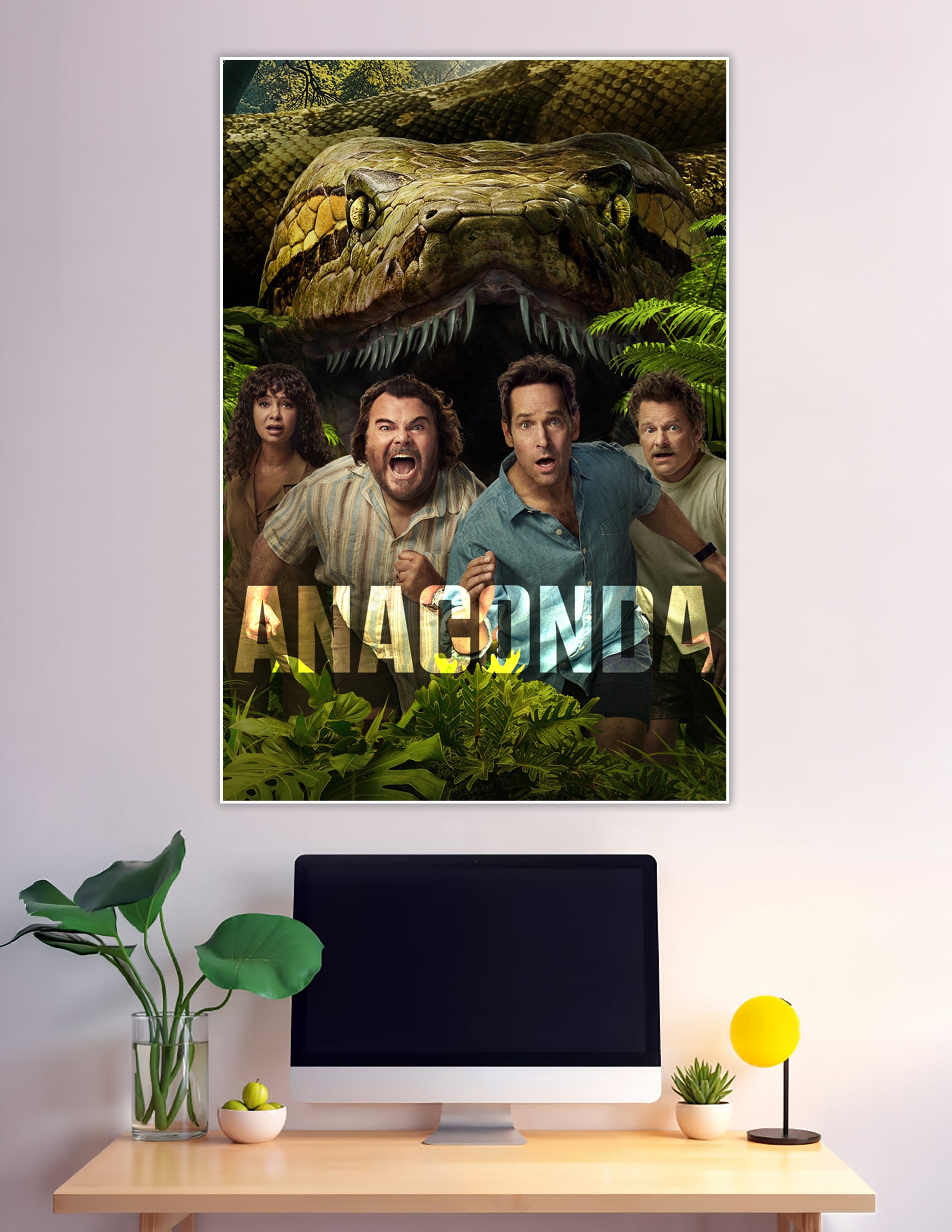 Anaconda movie poster showing a massive giant snake with open jaws looming over four terrified adventurers in a dense tropical jungle