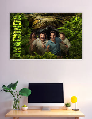 Anaconda movie poster showing four terrified people running from a giant snake in a dense jungle, with bold green title text on the left side