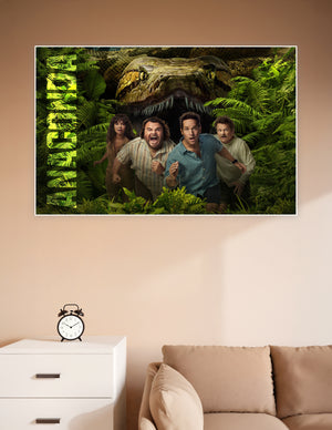 Anaconda movie poster showing four terrified people running from a giant snake in a dense jungle, with bold green title text on the left side