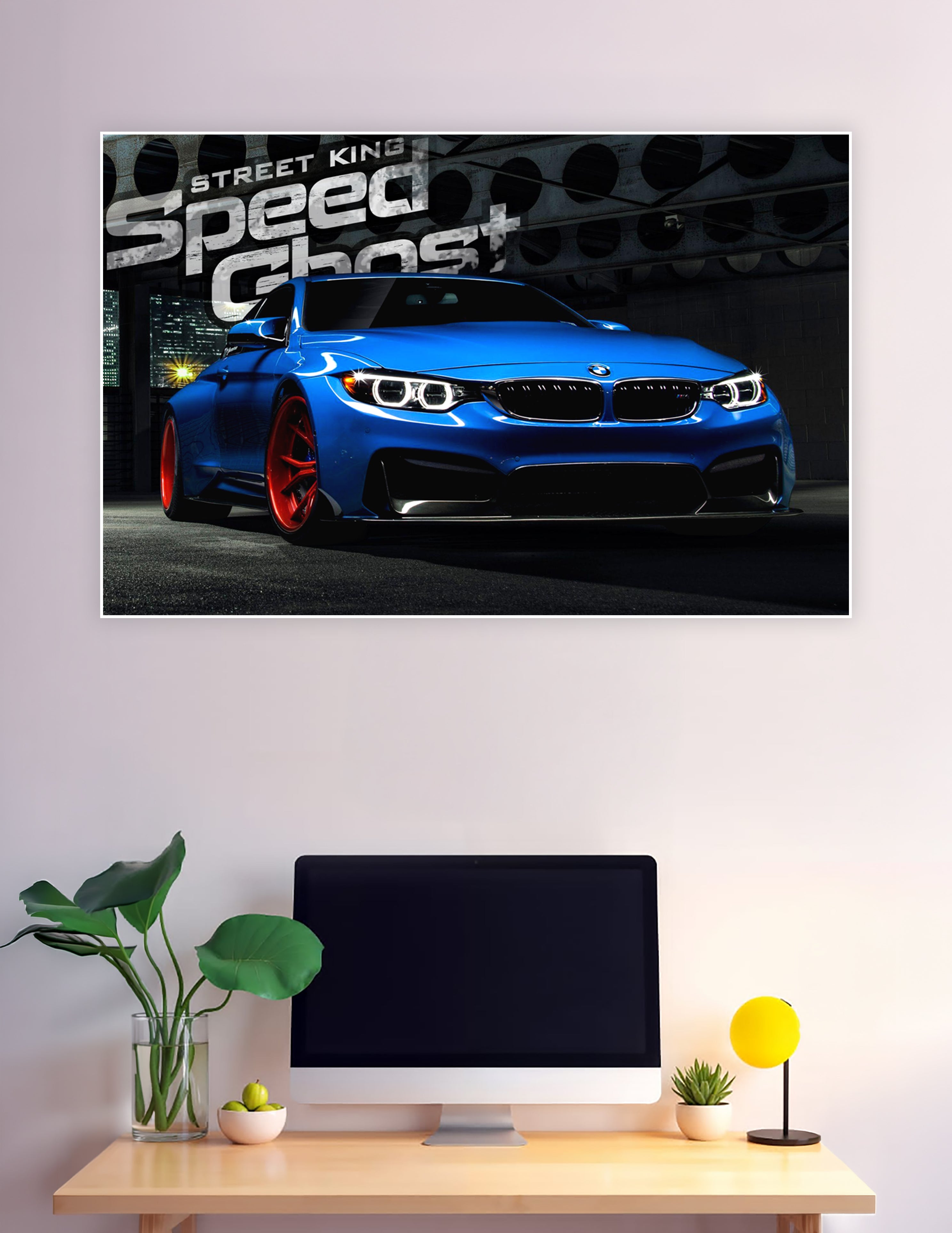 Street King Speed Ghost poster featuring a custom blue BMW with red wheels under dramatic cinematic lighting