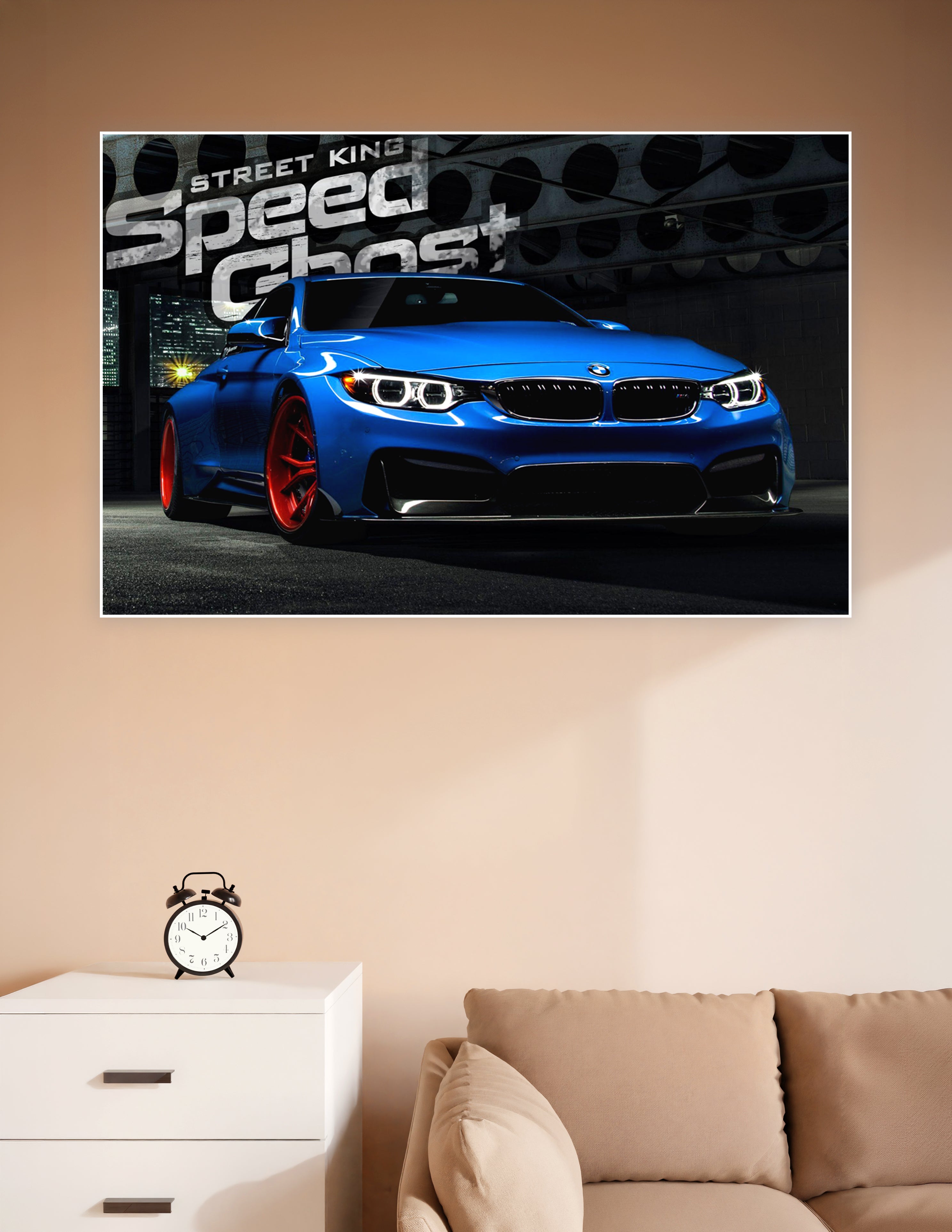 Street King Speed Ghost poster featuring a custom blue BMW with red wheels under dramatic cinematic lighting