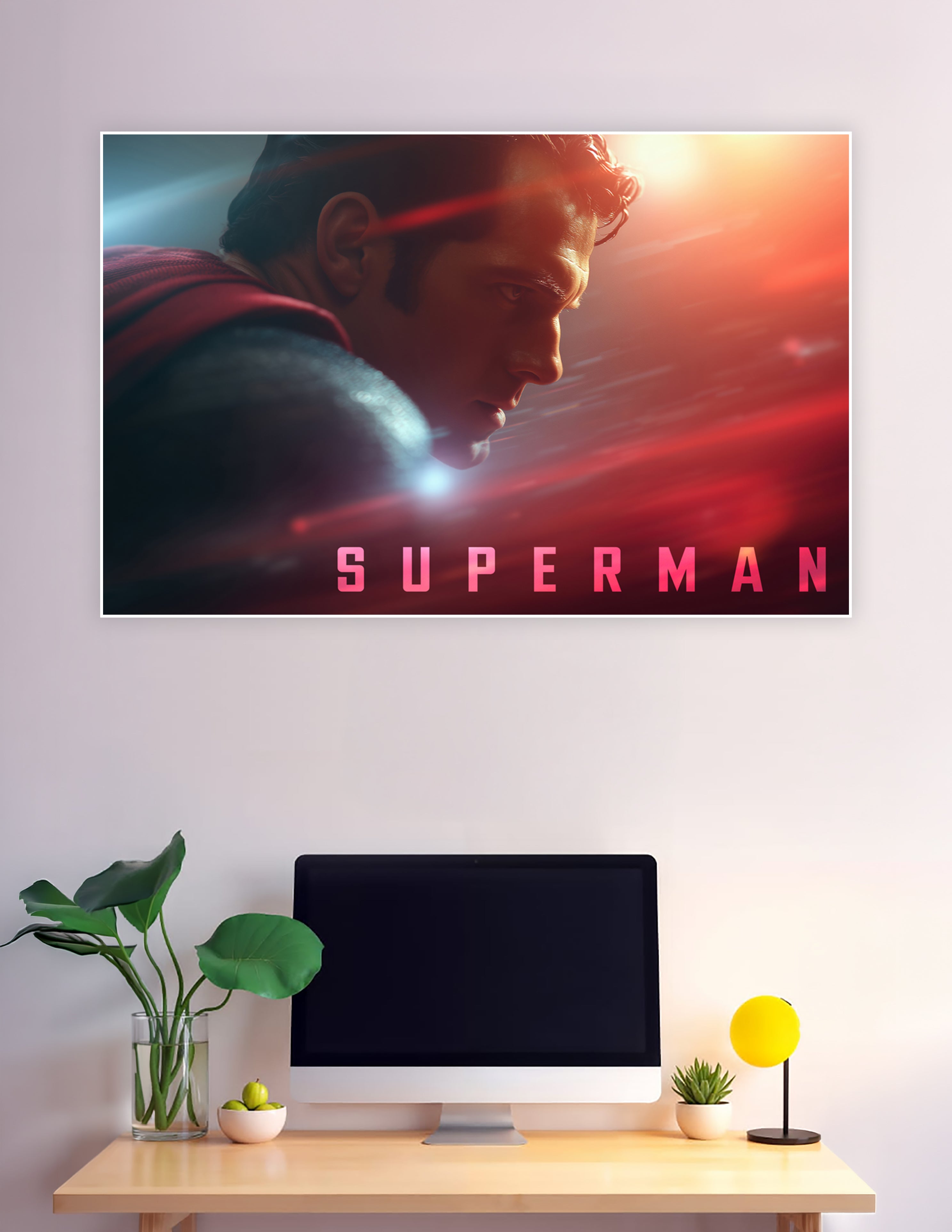 Superman flying at speed with red cape and golden light